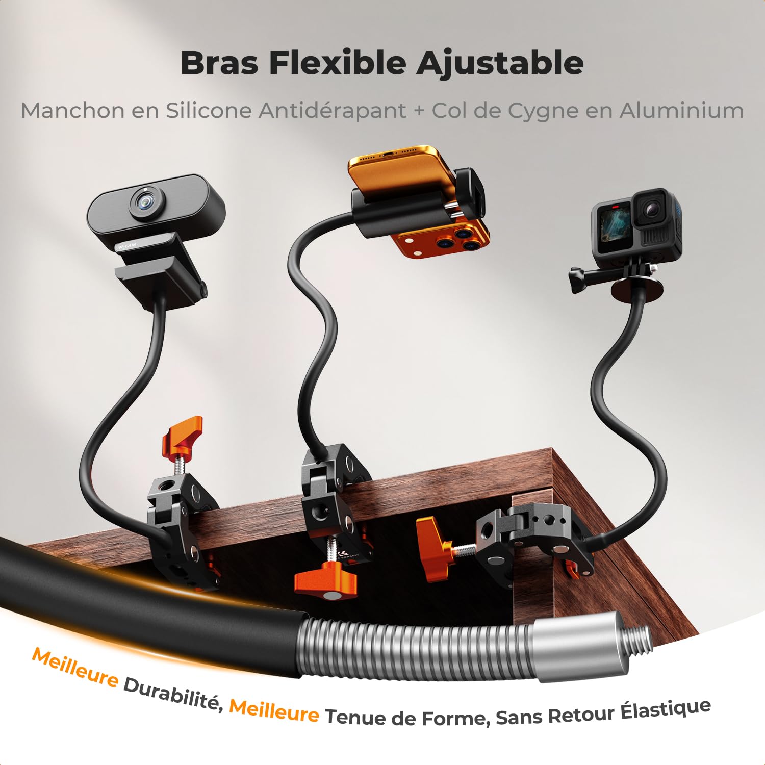 K&F Concept Super Clamp avec Bras Flexible 30 cm, Filetages 1/4" 3/8" | compatible caméra, lampe LED, microphone et accessoires photo - MS50