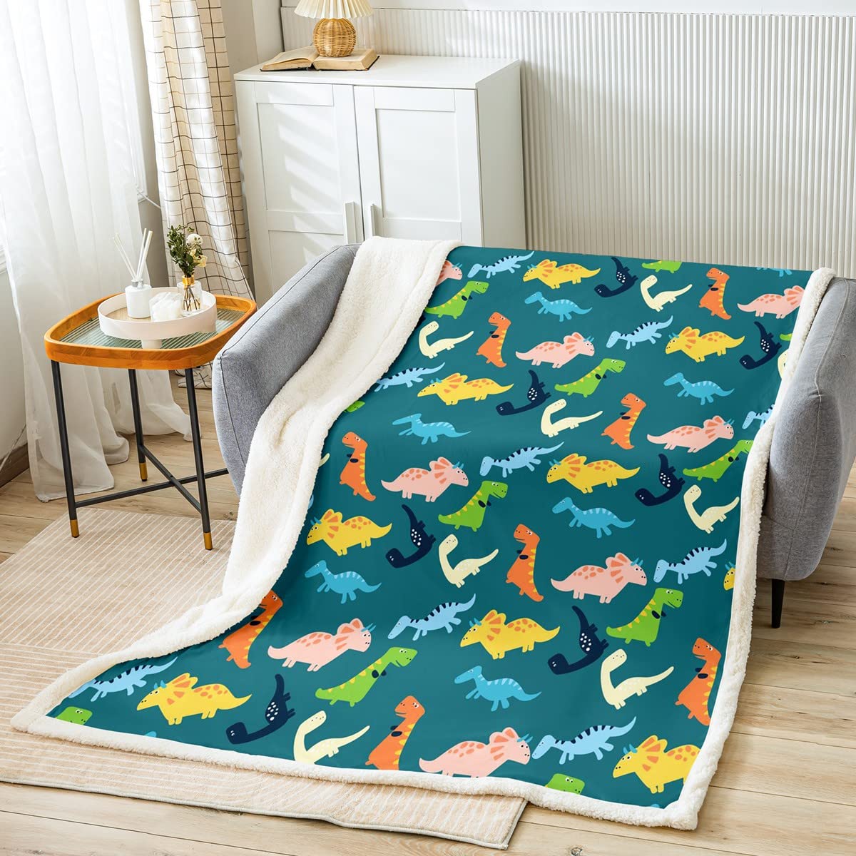 Loussiesd Kinderen cartoon dinosaurussen gooien deken peuter schattige dino pluche deken jongens jungle dieren sherpa deken kleurrijke wilde dieren donzig deken voor slaapbank, eenpersoons 127 x 152