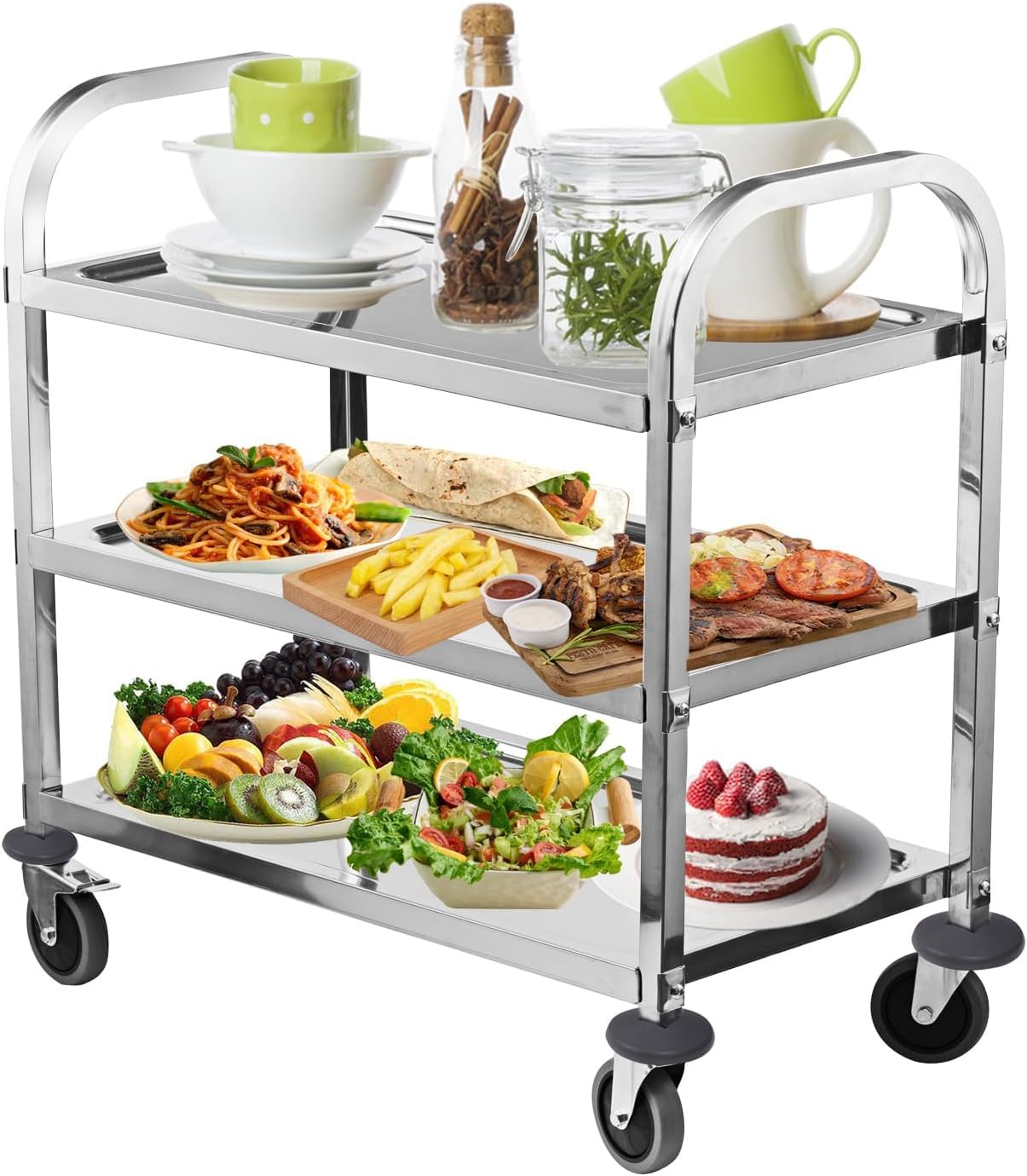 Carrello da cucina a 3 ripiani in acciaio inox, con ruote bloccabili, ideale per cucina, hotel, ristoranti e case di cura (95 x 50 x 95 cm)