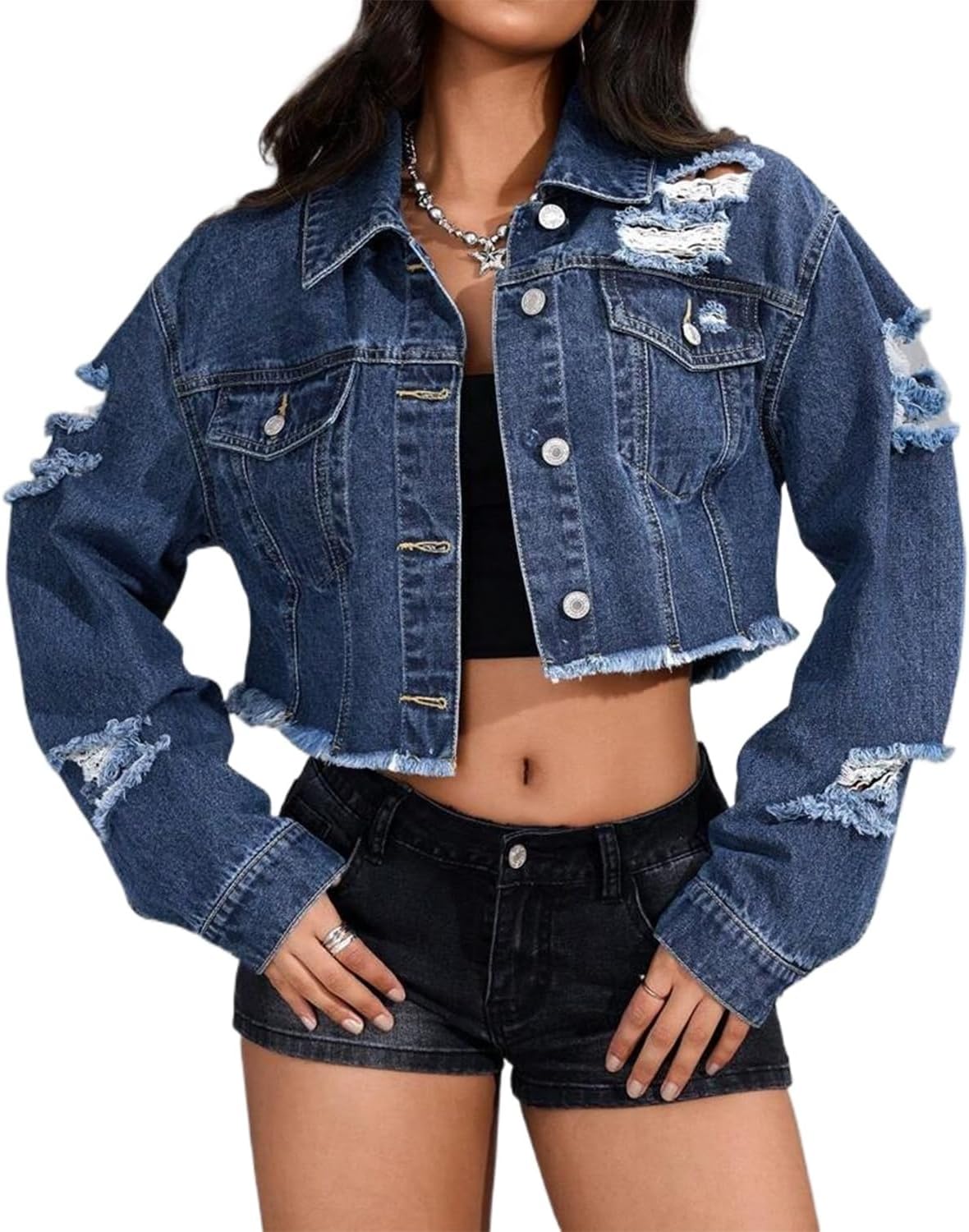 DvaeMalligo Women's Cropped Denim Jacket Ripped Button Down Long Sleeve Raw Hem Distressed Short Jean Jackets