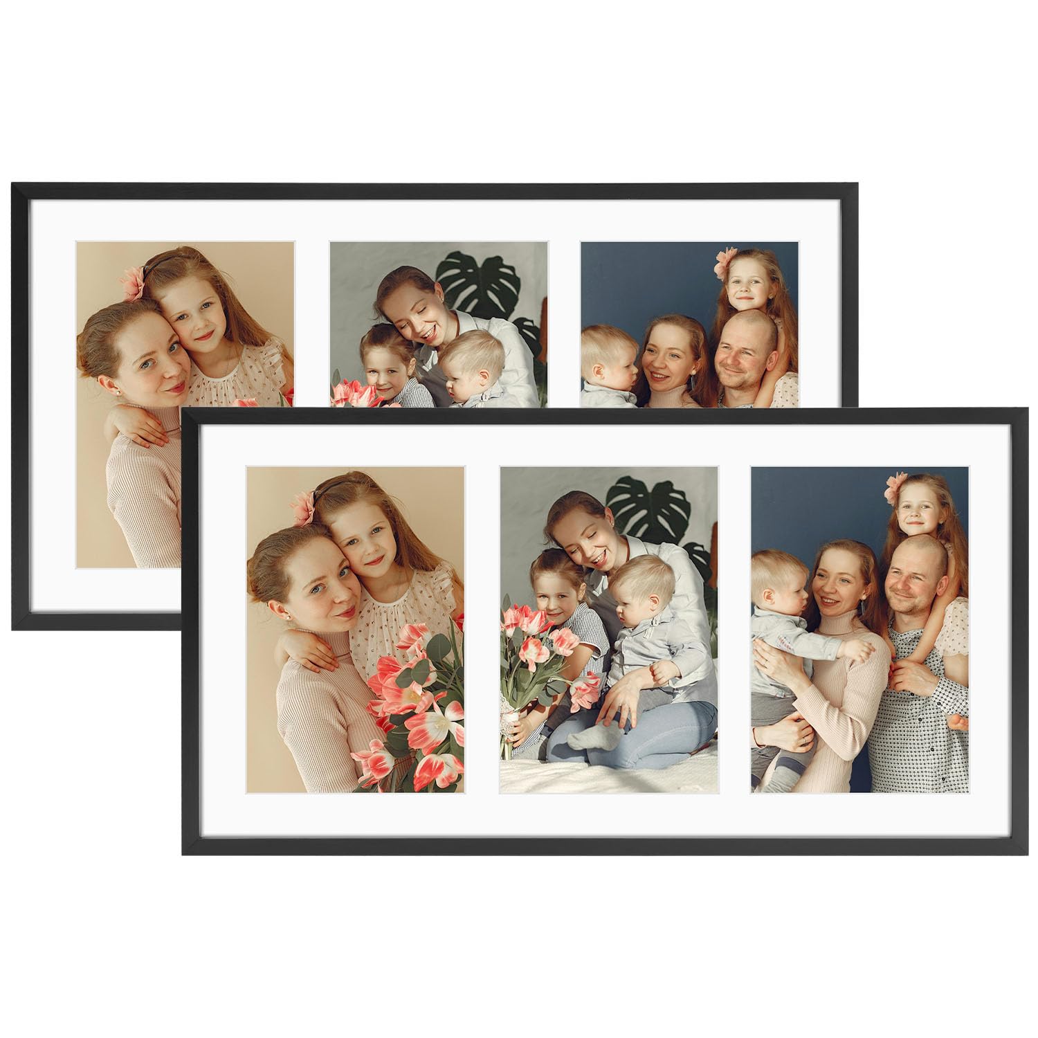 Golden State Art, 5x7 Aluminum Collage Frame, Display 5x7 Pictures With 3 Openings Mat or One 8.5x16.3 Photo, Real Glass, Portrait/Landscape Wall Display, Black, 2 Pack