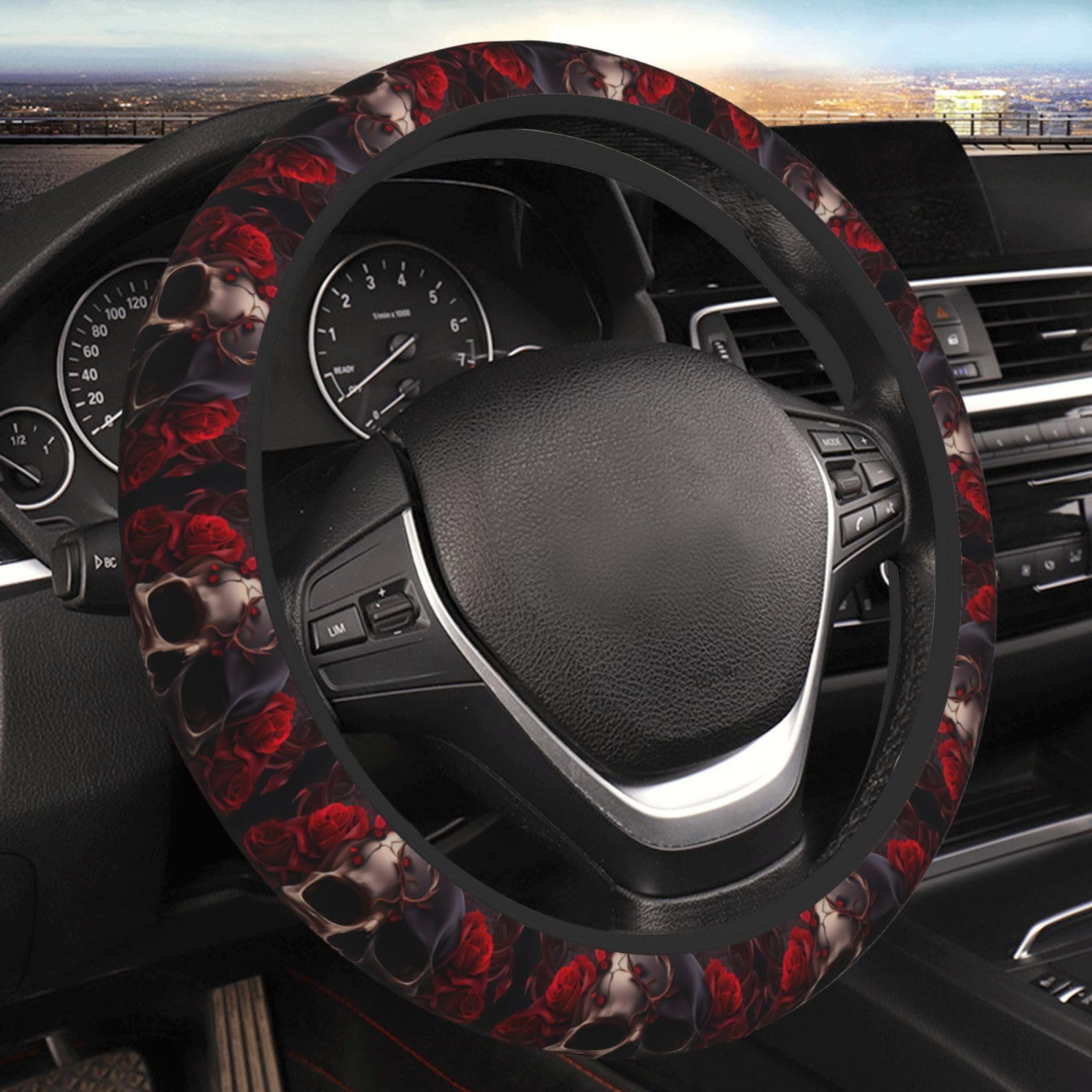 Subily Gothic Rose Blood Skull Universal Steering Wheel Covers, Cute Car Accessories for Women Girls Car Truck