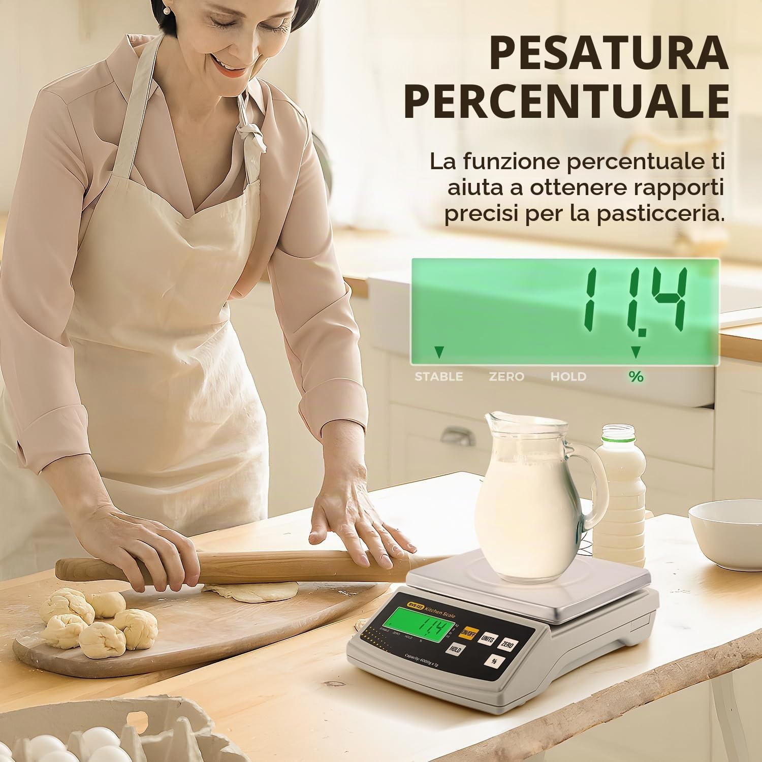 Bonvoisin 2 gr/ 6 kg Bilancia Cucina Digitale in Once e Grammi, con Funzione Percentuale e Tara, Piattello in Acciaio Inossidabile, Alta Precisione Pesa Alimenti per Cucinare, Dolci, Candele e Saponi