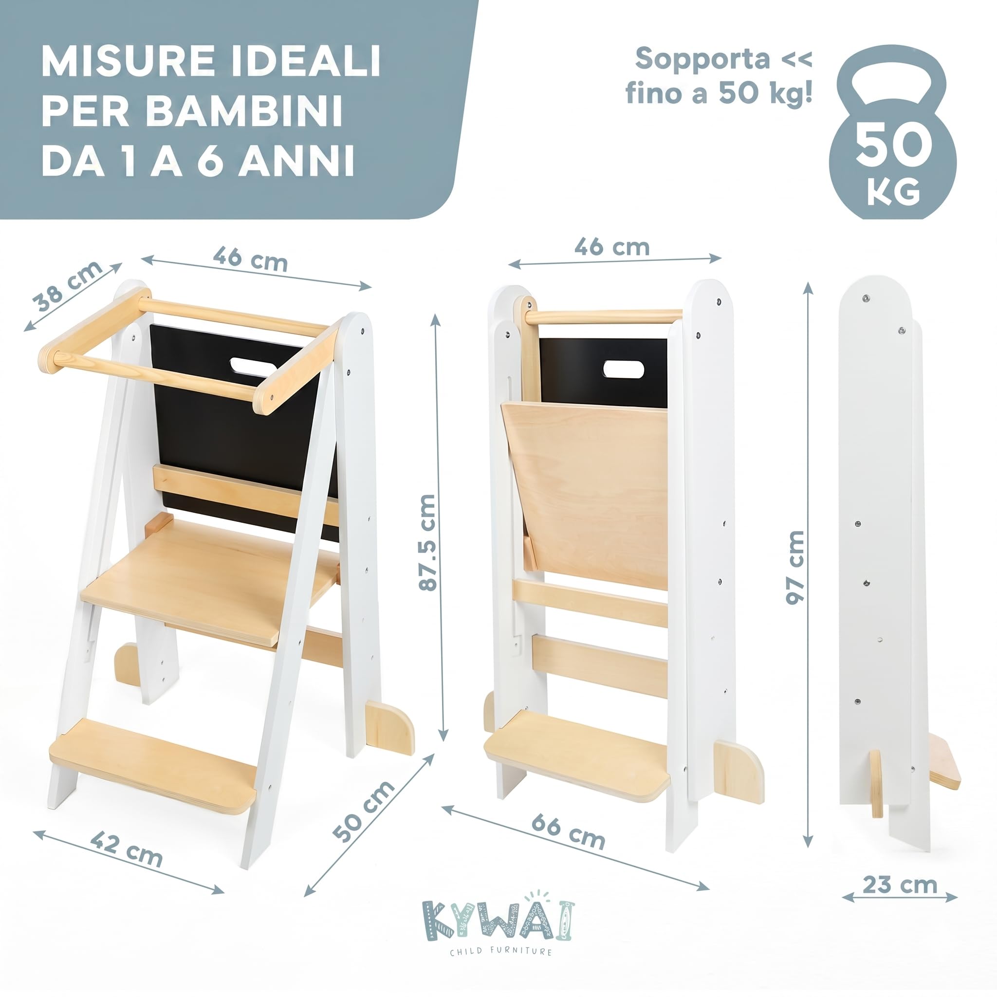Torre Montessoriana Bambini Premium, Torre Montessoriana Pieghevole con 2 Altezze Regolabili, Lavagna Removibile, Design Nordico Compatto – Marchio Impegnato nella Riforestazione Globale