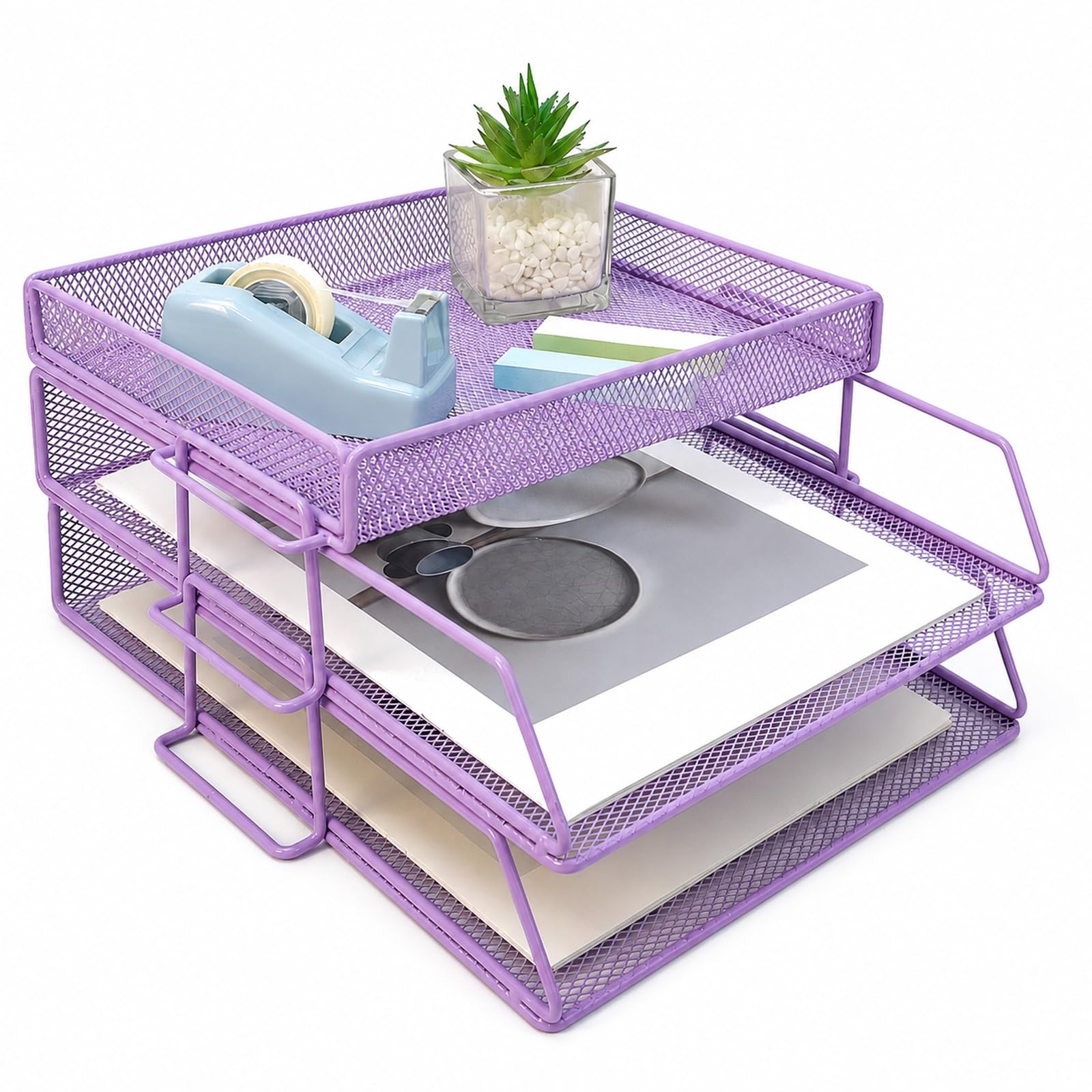 ideallife Letter Trays Stackable with Top Stationery Holder, 2-Tier Metal Desk Organizer Tray, Paper Filing Tray for Office Supplies - Purple