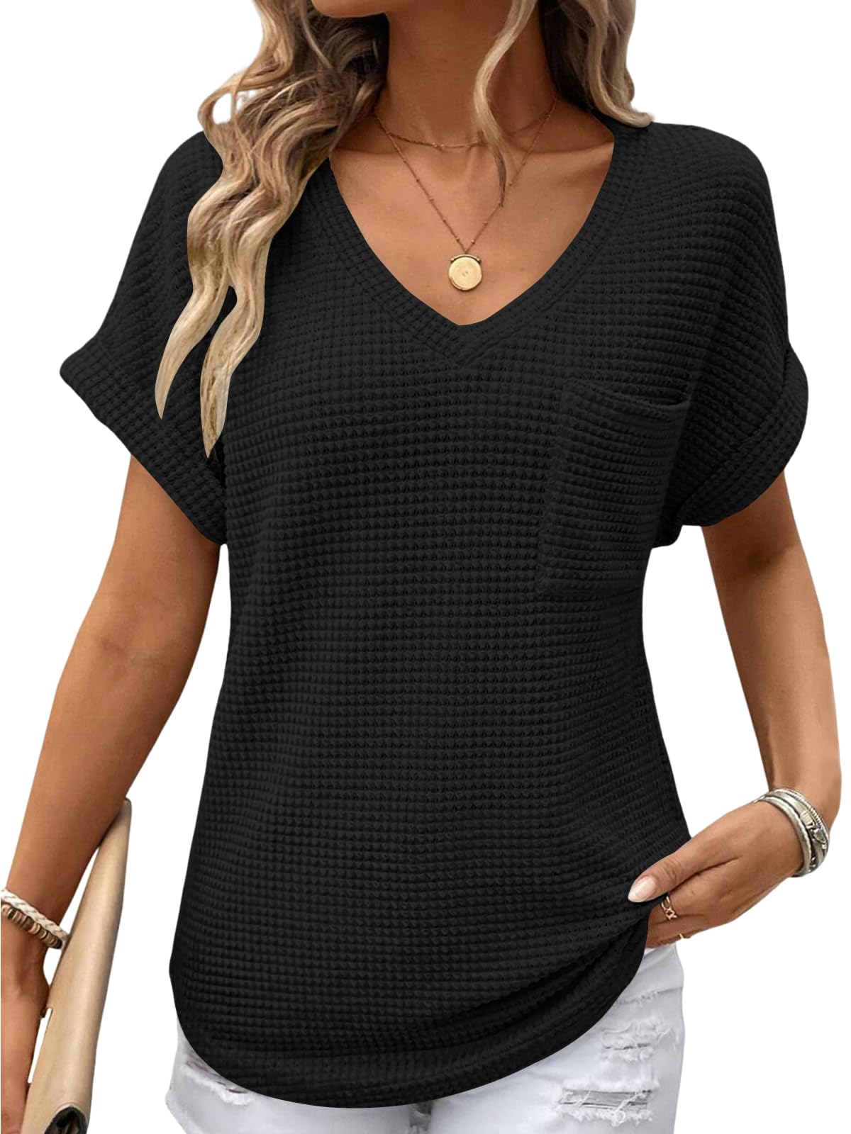 Cuptacc Tshirt Damen V Ausschnitt Waffle Casual Top Basic Kurzarm T-Shirt | Bequemer Waffelstoff,V Ausschnittm,Kurzarm,Mit Tasche,Lose,Basics,Lässig,Komfort,Weich,Leicht Und Luftig