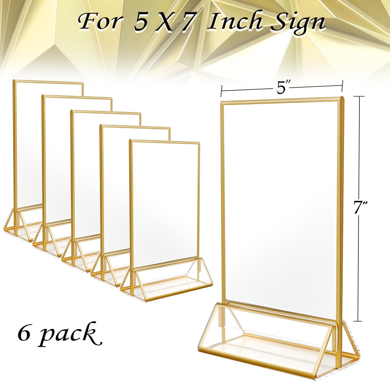 Lot de 6 supports de panneau en acrylique avec bordure dorée, cadre transparent double face, support vertical parfait pour numéros de table de mariage, menu de restaurant, affichage de photos