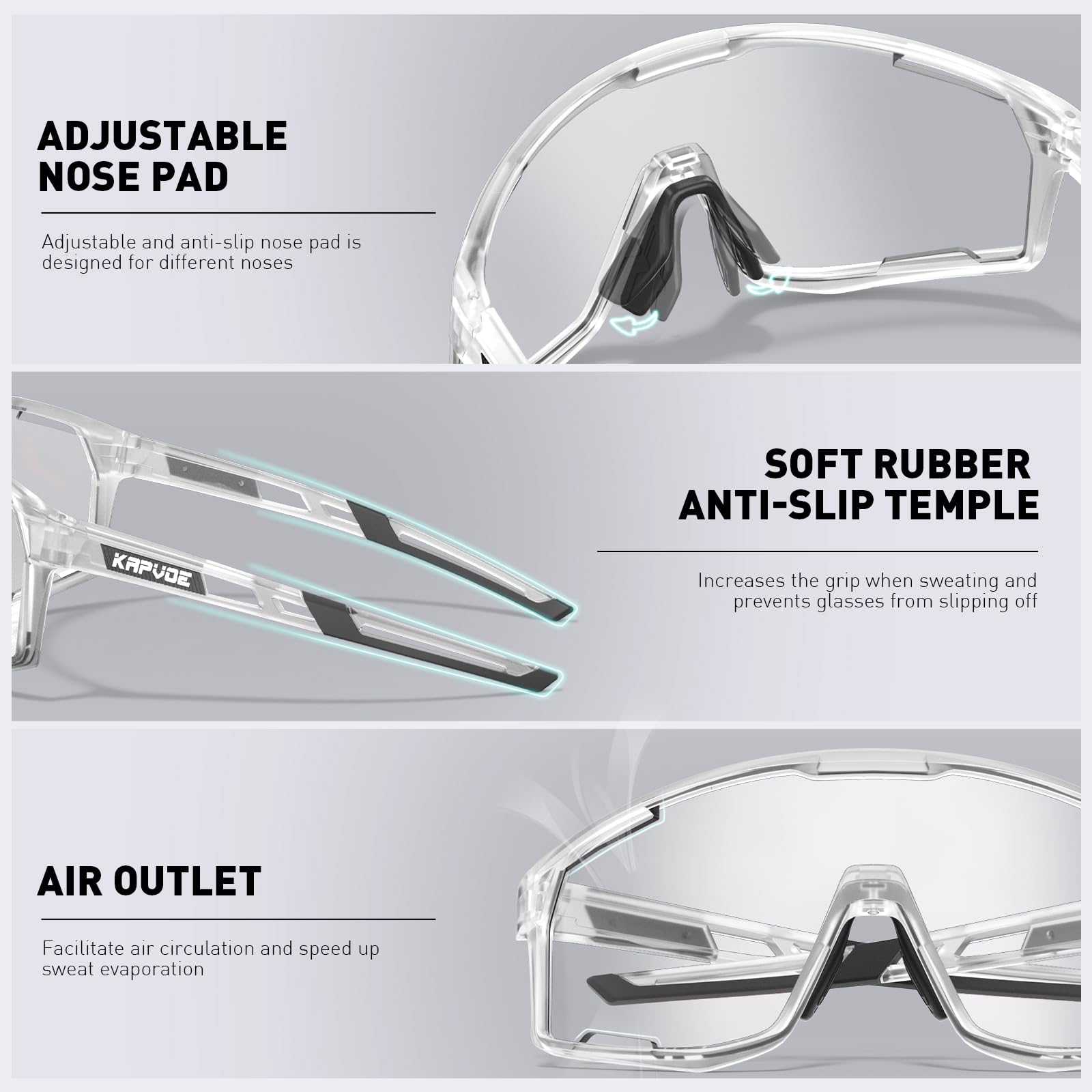 KAPVOE Photochromic Cycling Glasses Men Mountain Bike Sunglasses Women Clear MTB Sports Goggles Transition Bicycle Glasses Triathlon Running UV Protection Dark Gray - Image 4
