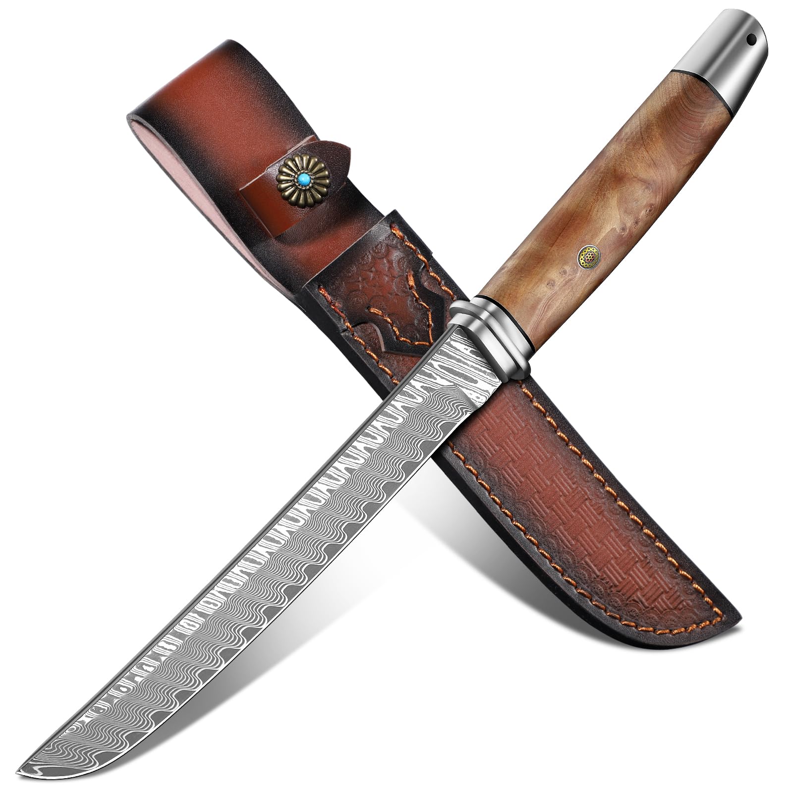 Dragon Creek Coltello da Esterno in Acciaio Damasco - Lama Fissa per Camping e Sopravvivenza, Lama Affilata in Acciaio di Alta Qualità