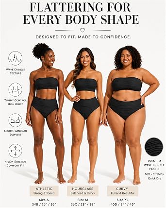 High Waisted Bandeau Bikini Set - Ribbed Strapless Two Piece Swimsuit