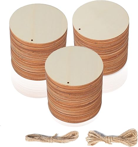 Discos redondos de madera con agujeros, 40 unidades de círculos de madera preperforados sin terminar de 3.94 pulgadas, adornos de madera para
