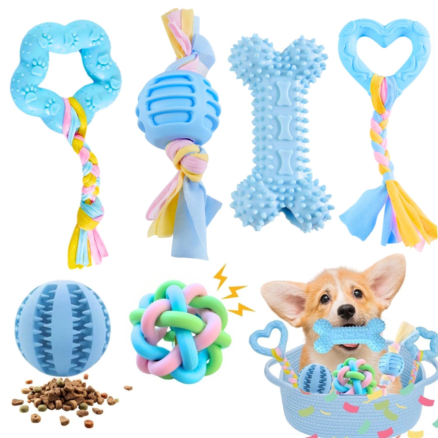 Bambinom Chew Toys for Small Dogs – 6 Pack Teething Set, Soft Rubber, Eco-Friendly, Teeth Cleaning, Interactive Blue Dog Toys