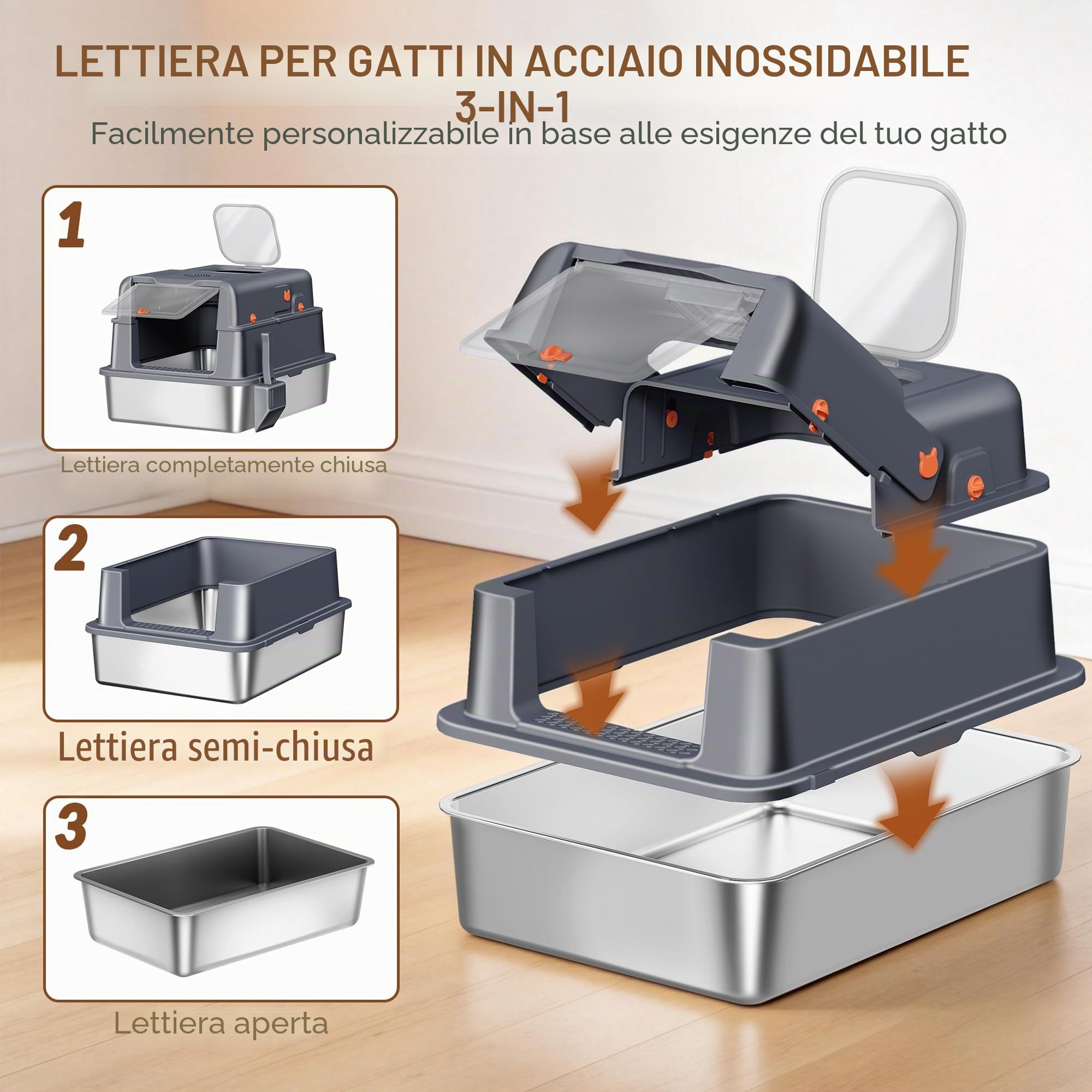 Lettiera Acciaio Inossidabile con Coperchio, XXXL Lettiera Gatto Chiusa, 70 x 50 x 42 cm, 105° coperchio incernierato, Include Pedale e Paletta, Design Modulare, Due Porte, Grigio Scuro