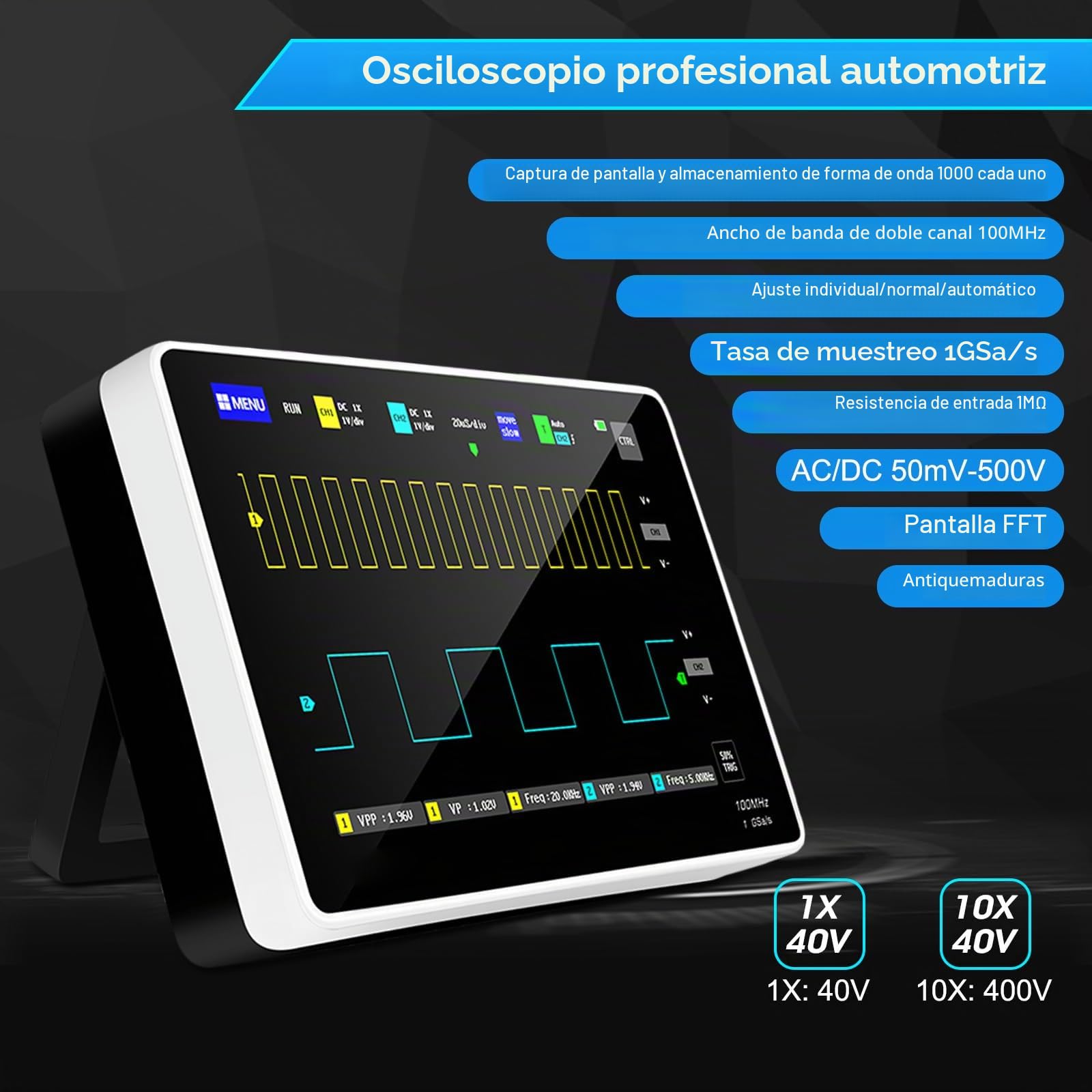 Osciloscopio, multímetro digital, osciloscopio de mano con 2 canales, osciloscopio USB, ancho de banda de 100 MHz, pantalla TFT LCD, frecuencia de muestreo de 1 GSa/s, Cubiertas distribuidas al azar