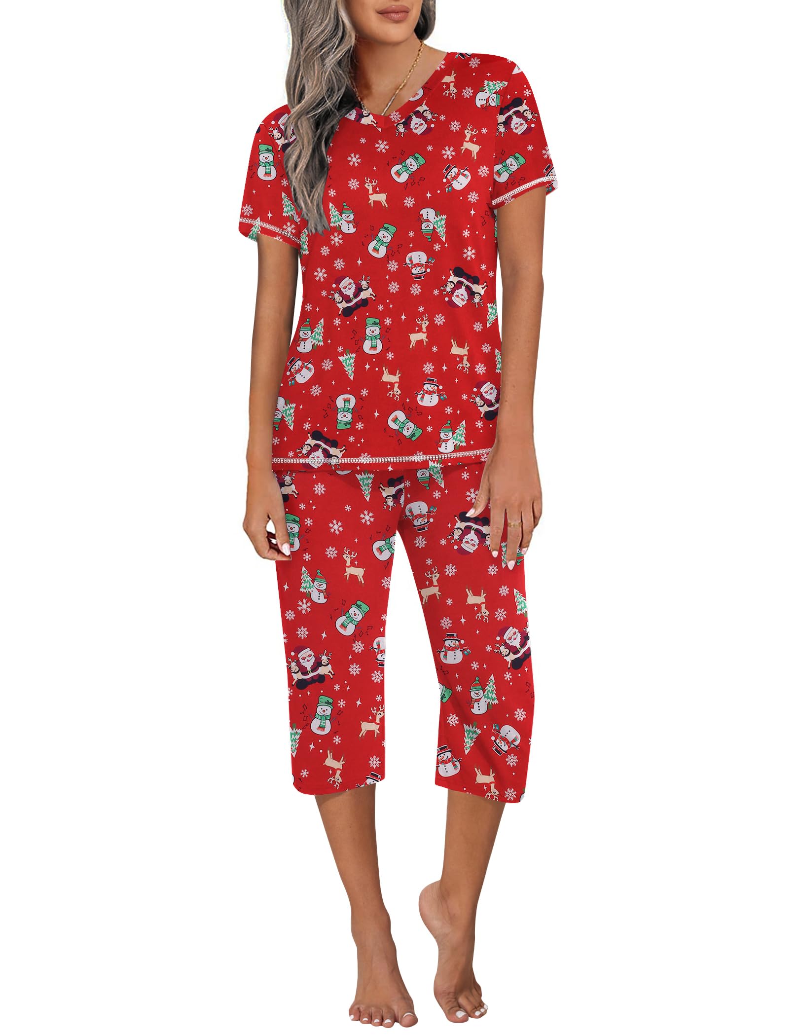 Ekouaer Womens Sleepwear Capri Pajama Sets Short Sleeve Two-Piece Pjs V Neck Tops Capri Pants with Pockets S-3XL