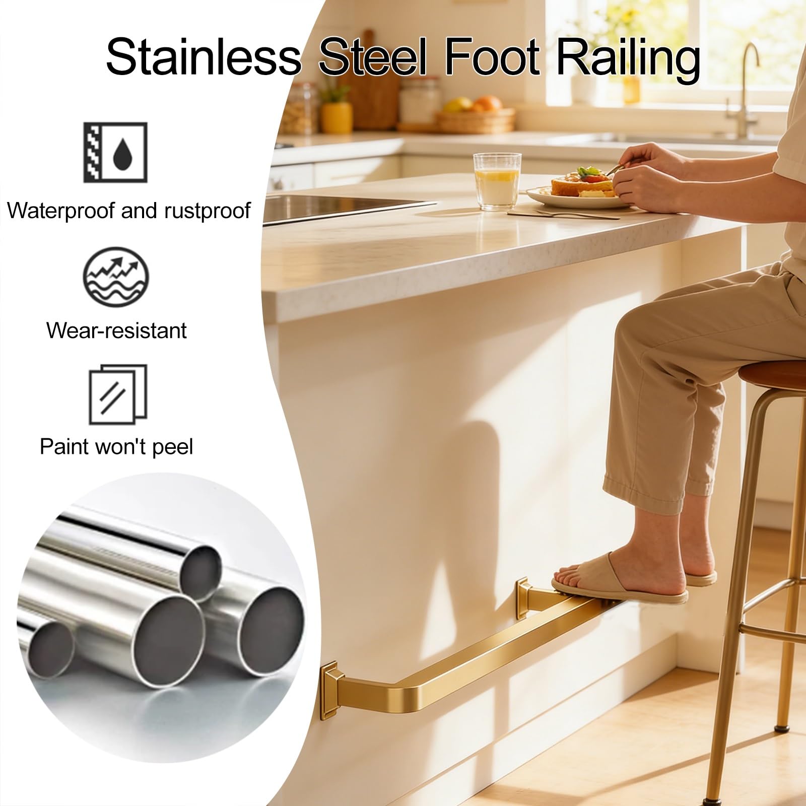 Kit de rail de pied de bar robuste carré en acier inoxydable avec finition satinée avec matériel de support, repose-pied plat sous le comptoir pour la maison, la cuisine, le restaurant, le bar