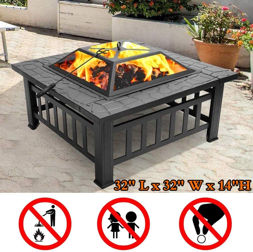 Outdoor fire Pit for Wood,32" Square Metal Firepit Wood Burning Table,Fireplace Garden Stove BBQ Fire Pit Charcoal Rack with Poker & Mesh Cover for Camping Picnic Terrace Patio,32" L x 32" W x 14" H