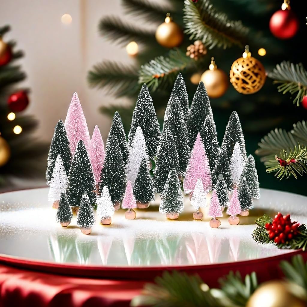 Waipfaru Pink Christmas Decorations, Mini Bottle Brush Christmas Trees, 21 Pcs Miniature Small Pine Trees for Xmas Tabletop Crafts Indoor Table Home Decor (Pink & White)