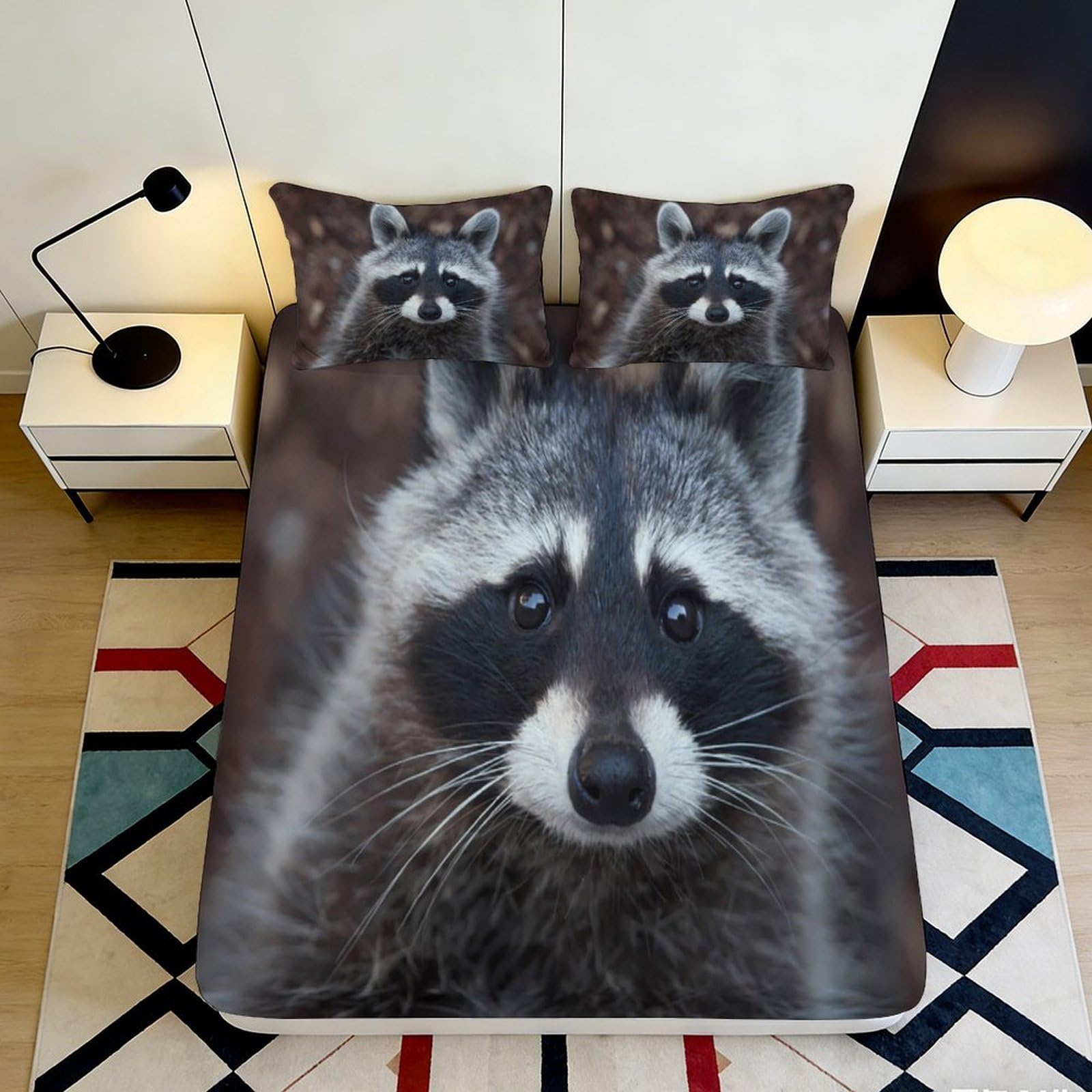 3D Printed Raccoon Animal Fitted Sheet Microfiber Soft Breathable Forest Wildlife Mattress Cover for Bedroom Dorm Mattress Protection Decor 90x200x25cm