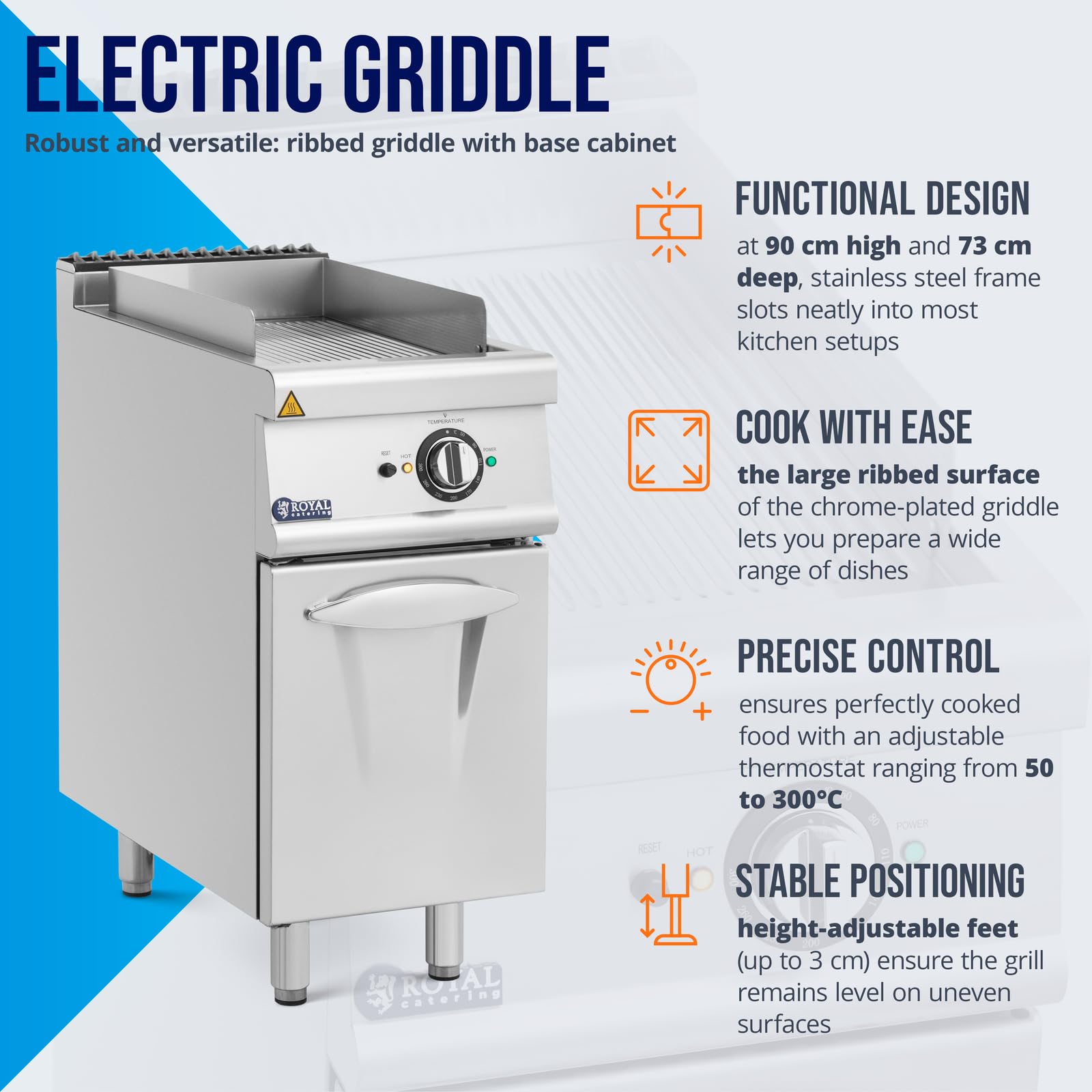 Royal Catering Plancha eléctrica fry-top 5,4 kW ondulada mueble bajo 40 x 70 cm serie Pro 730 Plancha de cocina Parrilla eléctrica Plancha de asar eléctrica Fry-top