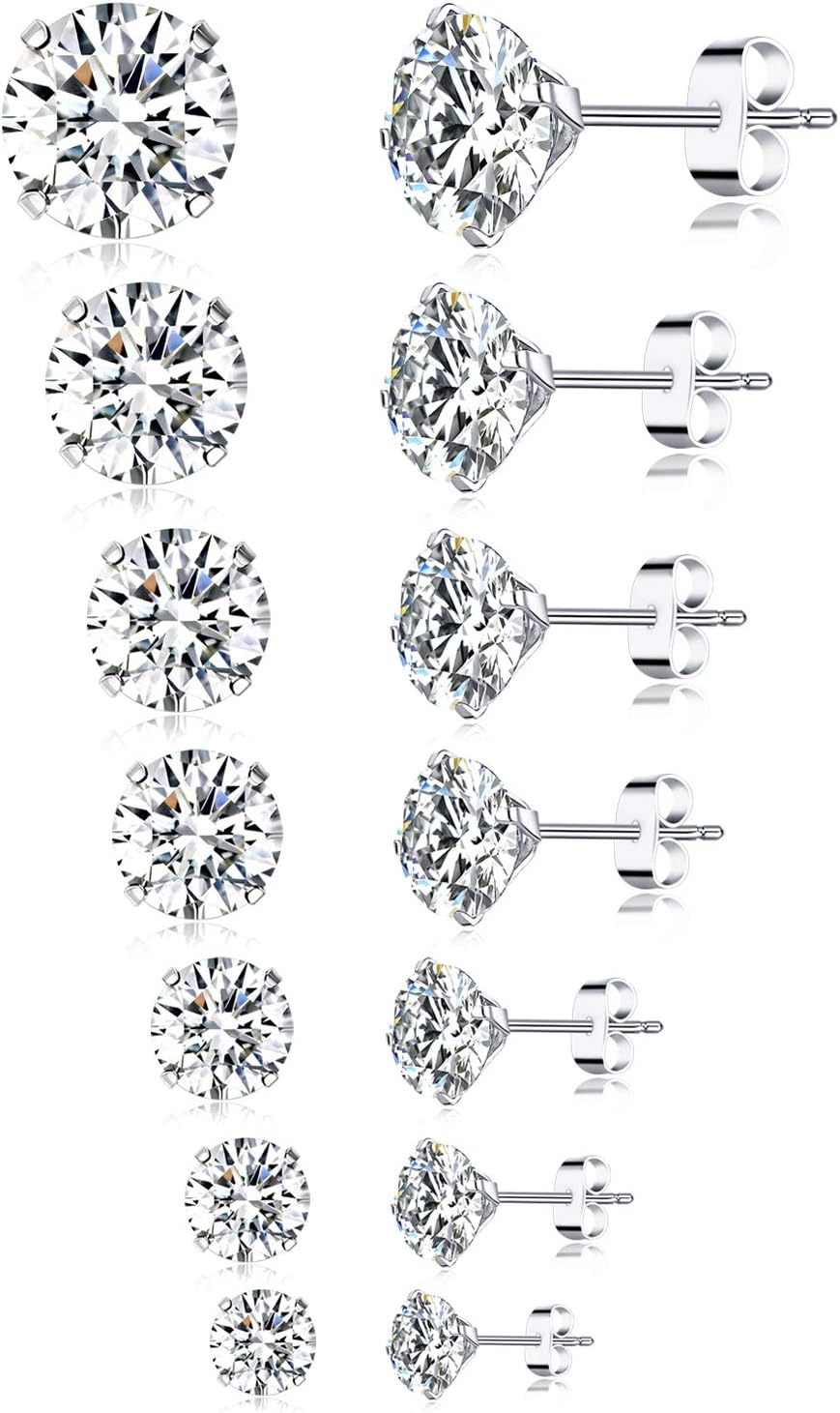 7 Pairs 18G 20G Stainless Steel Stud Earrings Round Cubic Zirconia Barbell Earring Set For Men Women 2MM-8MM Silver Tone