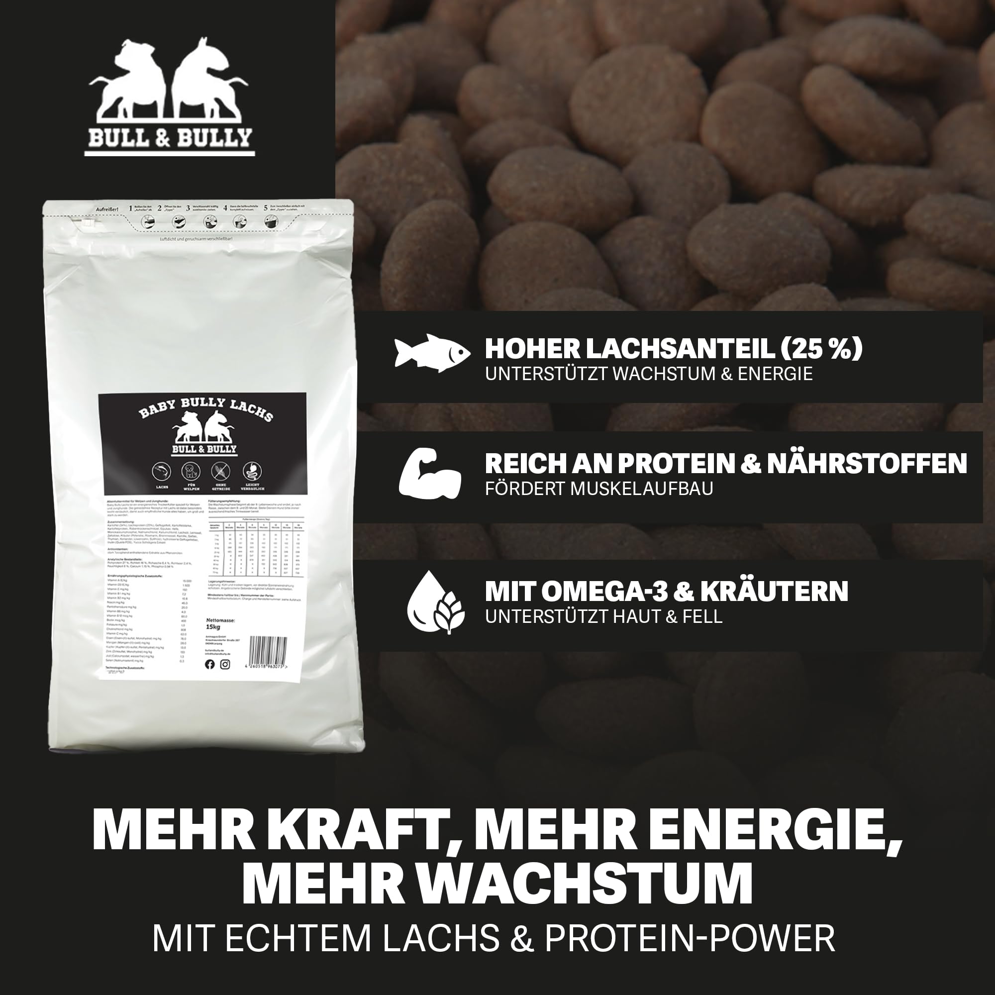 Hundefutter Trocken Baby Bully Lachs – Trockenfutter für Hunde 15Kg | Tierärztlich entwickeltes Hundetrockenfutter Premium Dog Food – Energiereiches Monoprotein Hunde Futter von BULL & BULLY