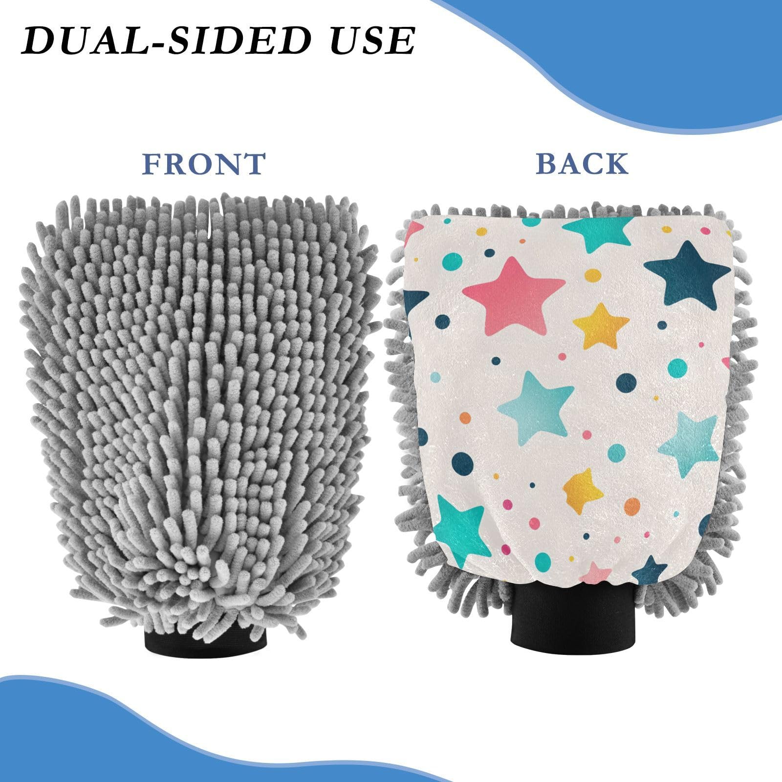 IOACIY Absorbent Microfiber Car Wash Drying Mitts, 2 Pack, Scratch-Free & Lint-Free, Rich Foam, Highly Absorbent, Double Sided, Wash Mitt Perfect for Car Washing, L, Cute Stars