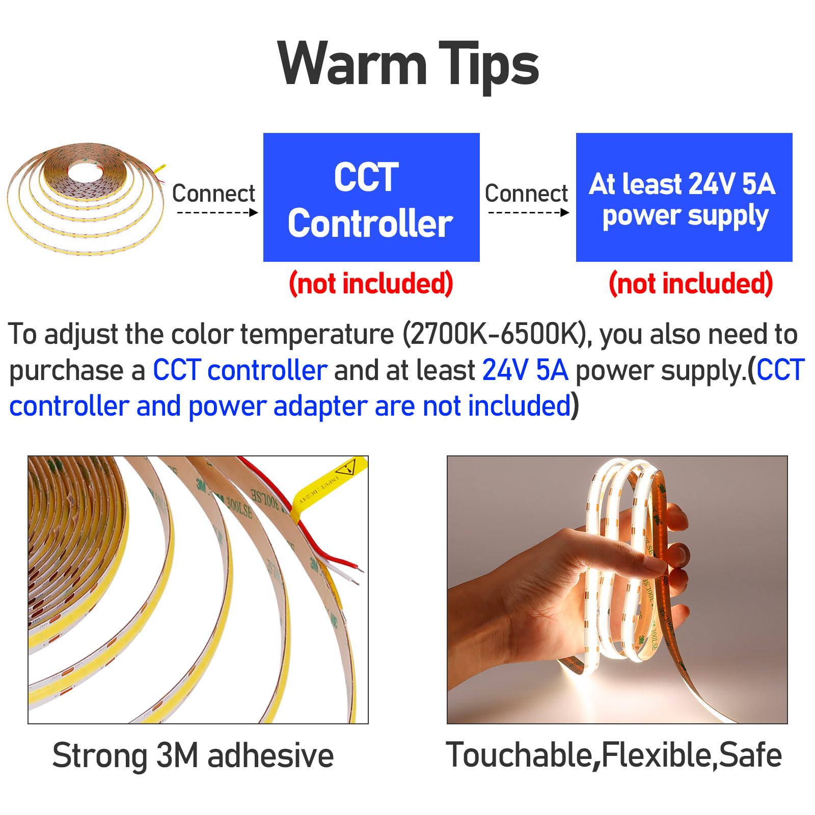 GOMING 24V 10M CCT Tunable White COB LED Strip Lights 2700-6500K 624LEDs/M CRI 93+ High Brightness No-Waterproof IP20 LED Tape Lights for DIY Home Decor(Controller and Power Supply Not Included) - Image 3