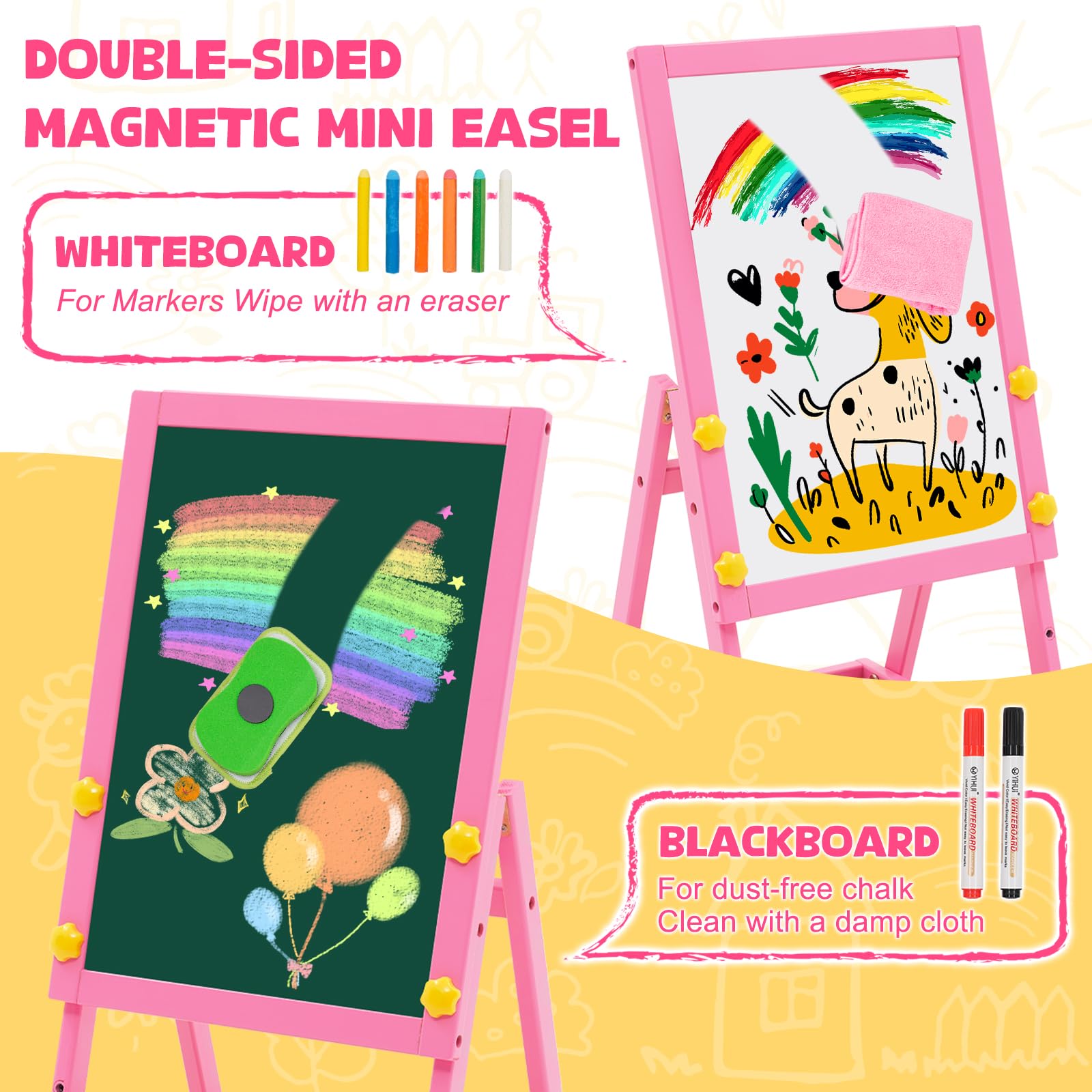 Caballete de Madera para Niños, Art Easel Pizarra Blanca de Doble Cara y Pizarra de Tiza Mini Rosa Caballete Infantil con Números y Otros Accesorios para Niños y Pequeños