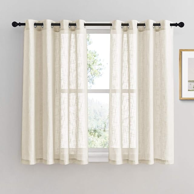 PONY DANCE 54 Drop Voile Curtains - Linen Look Translucent Net Voile Curtain with Eyelets Light Filter & Privacy Protected for Bedroom, Set of 2, 52 inch Wide by 54 inch Drop, Beige Cream