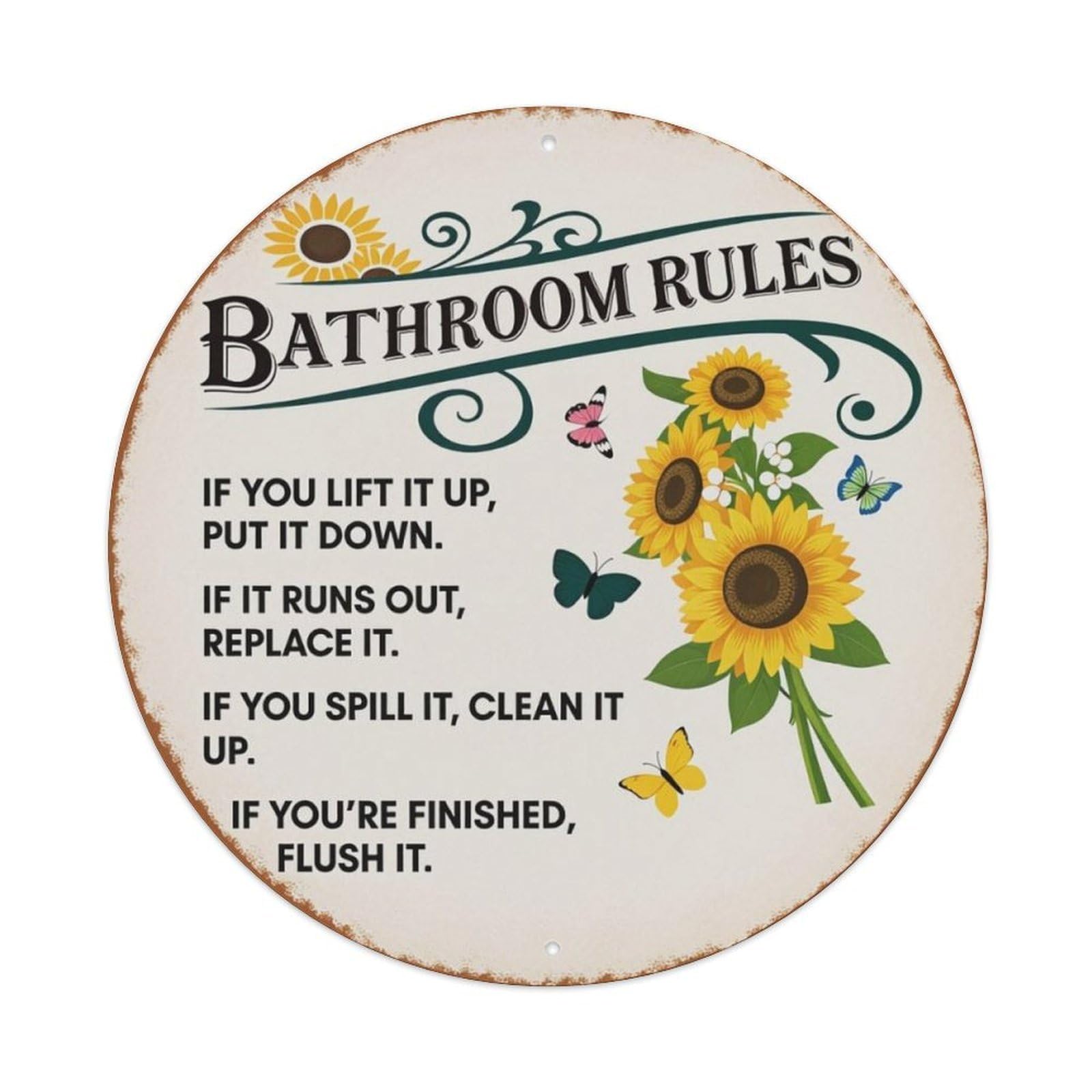 Sunflower Butterfly Bathroom Rules Vintage Round Decor Sign Vintage Aluminium Metal Sign, Retro Wall Decor for Home, Bar, Garage & Farmhouse 20x20cm