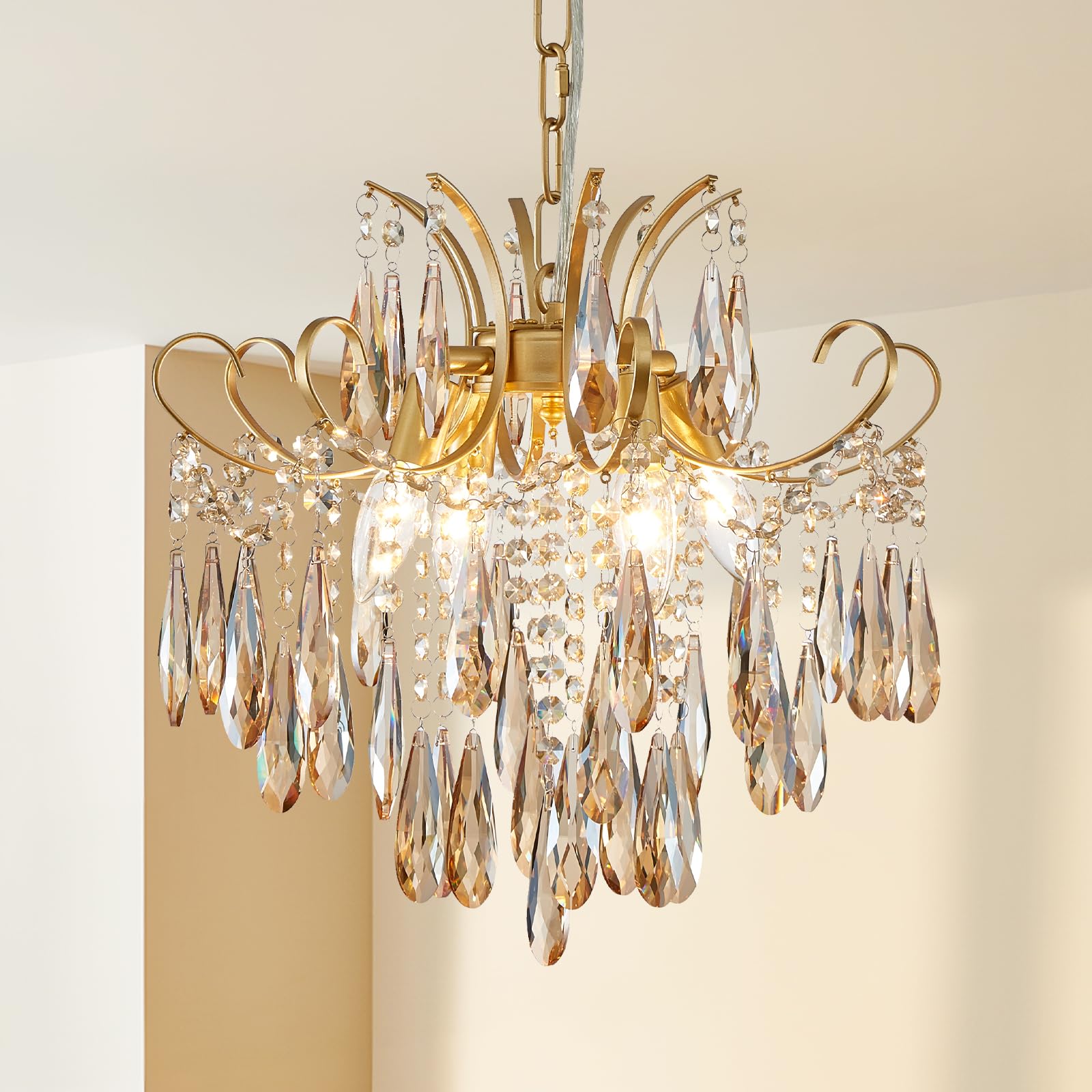 Gold Crystal Chandeliers for Dining Room 4-Light Modern Luxury Light Fixture for Living Room Bedroom Pendant Ceiling Hanging Light, Mid Century