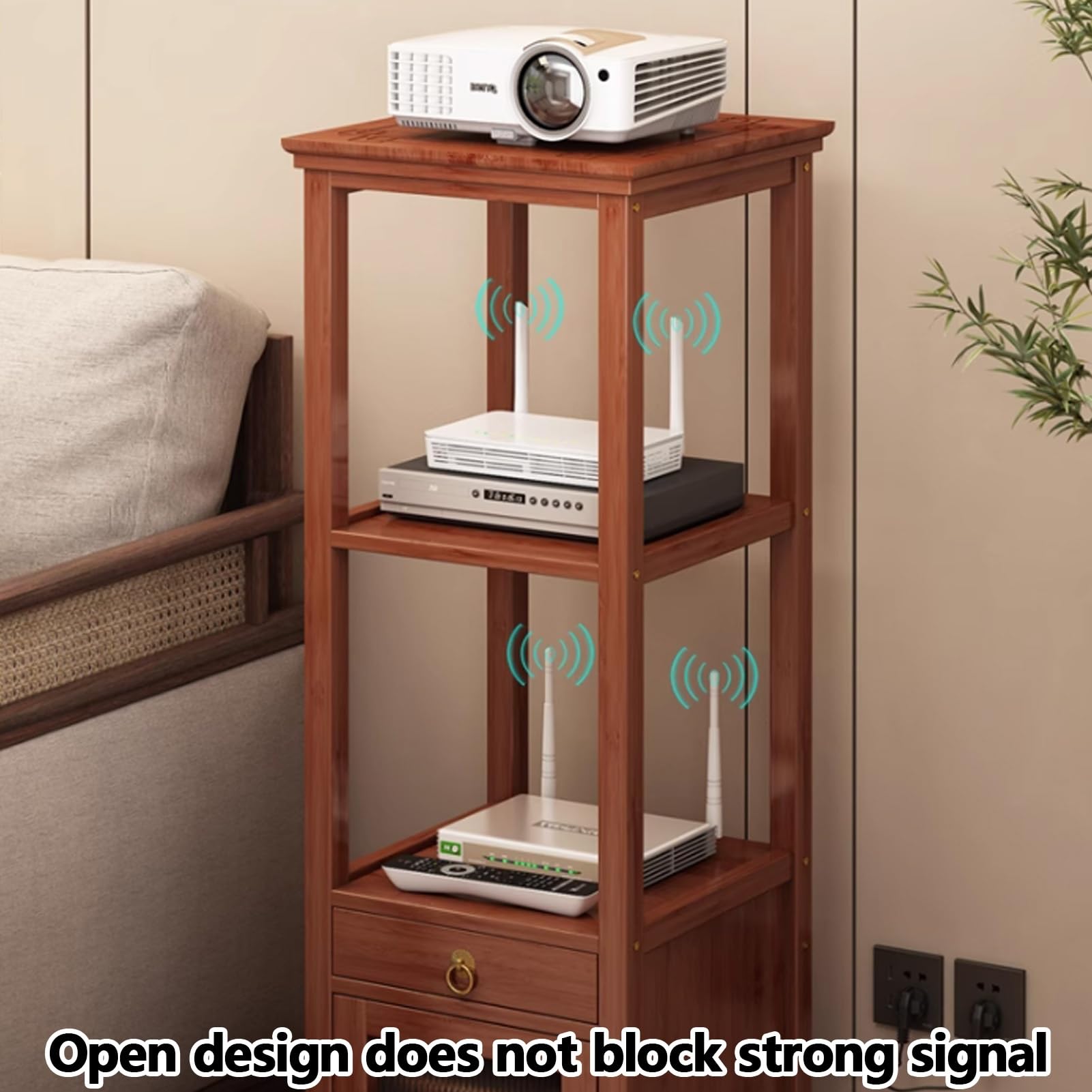 Armadietto portaoggetti per router WiFi, in bambù, organizer per nascondiglio e modem, per la gestione dei cavi della ciabatta, per la casa (marrone, altezza 85 cm)