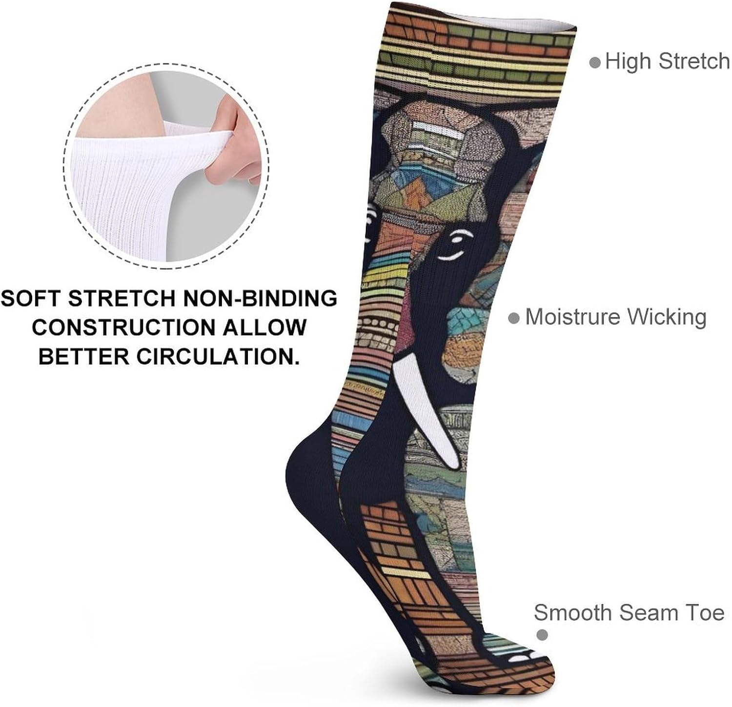 5-Pack Knee High Socks, 15.7 Inch Breathable Casual Socks African Elephant Stockings for Men Women