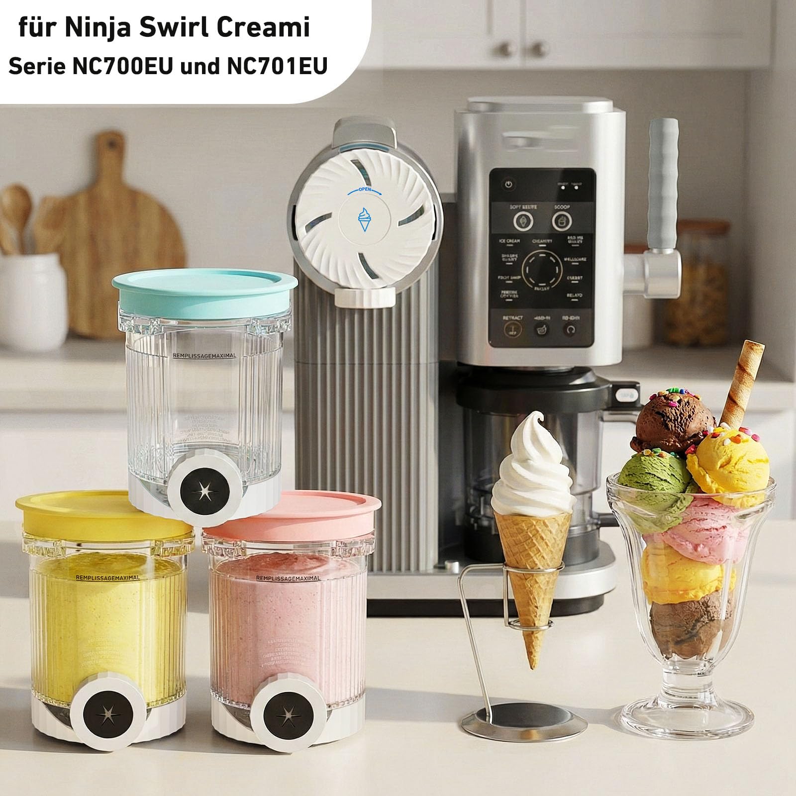 Lot de 4 récipients avec couvercle pour Ninja Swirl NC700 NC701 - 480 ml - Pour crème glacée Ninja Creami Swirl NC700EU NC701EU - Antidérapant + couvercle anti-poussière