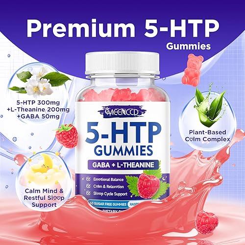 Miniatura 6 de Paquete de 2 gomitas 5-HTP de 300 mg, suplemento 5-HTP con 200 mg de L-teanina y 50 mg de GABA, suplementos GABA para apoyo cerebral y Zzz, sin