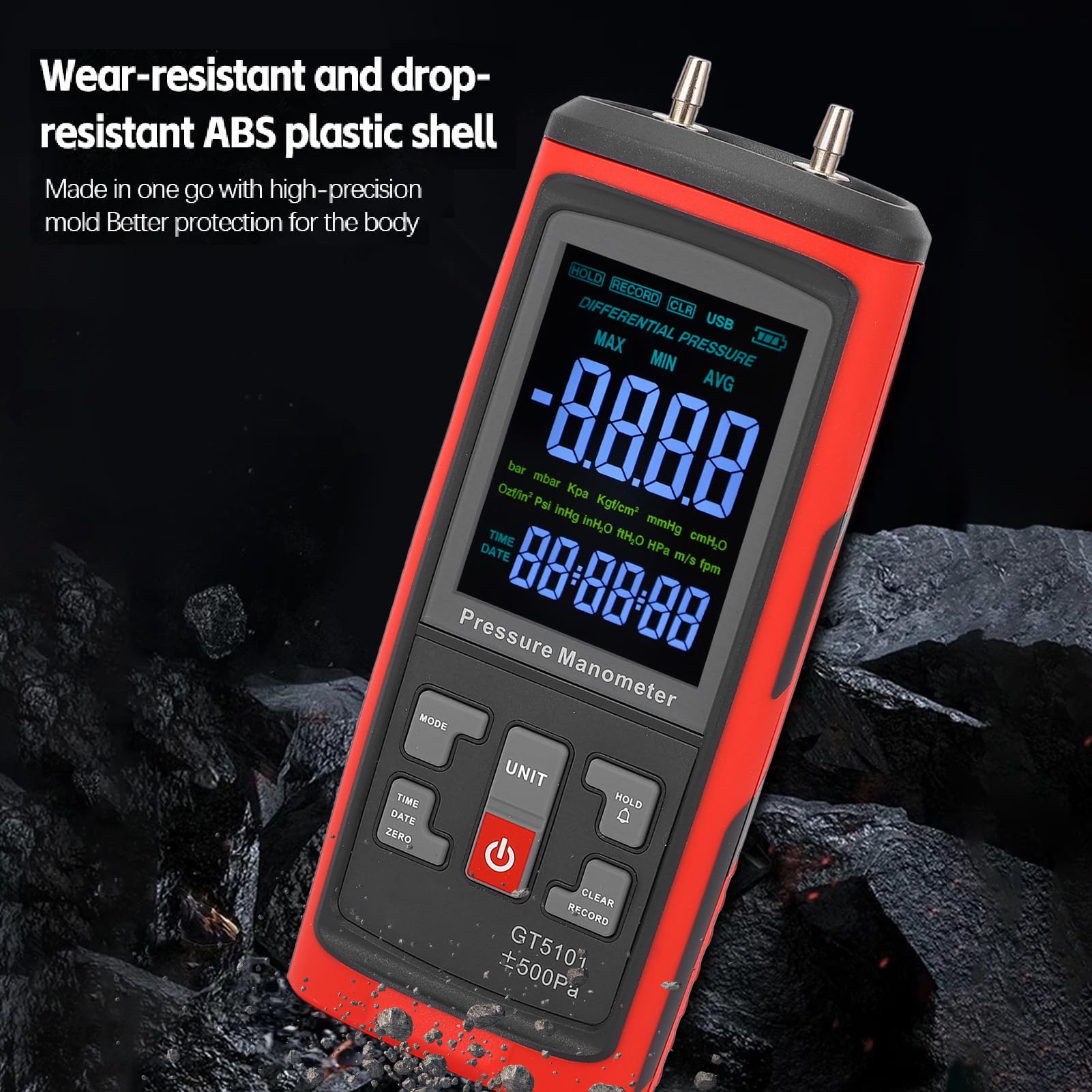 ViaGasaFamido Manómetro Digital, Probador Profesional de Presión de Gas HVAC de Doble Puerto con Manómetro Diferencial y Pantalla LCD Retroiluminada, para Medición y Calibración de Gas