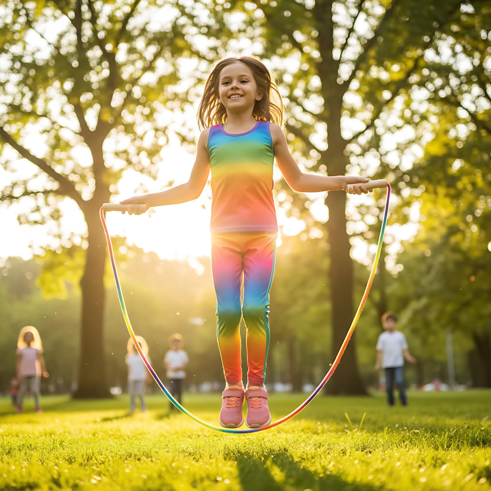 Set di 4 corde per saltare con manico in legno per bambini, corda per saltare arcobaleno da 2,8 m, lunghezza regolabile per fitness e sport, presa comoda per scuola e giochi all'aperto