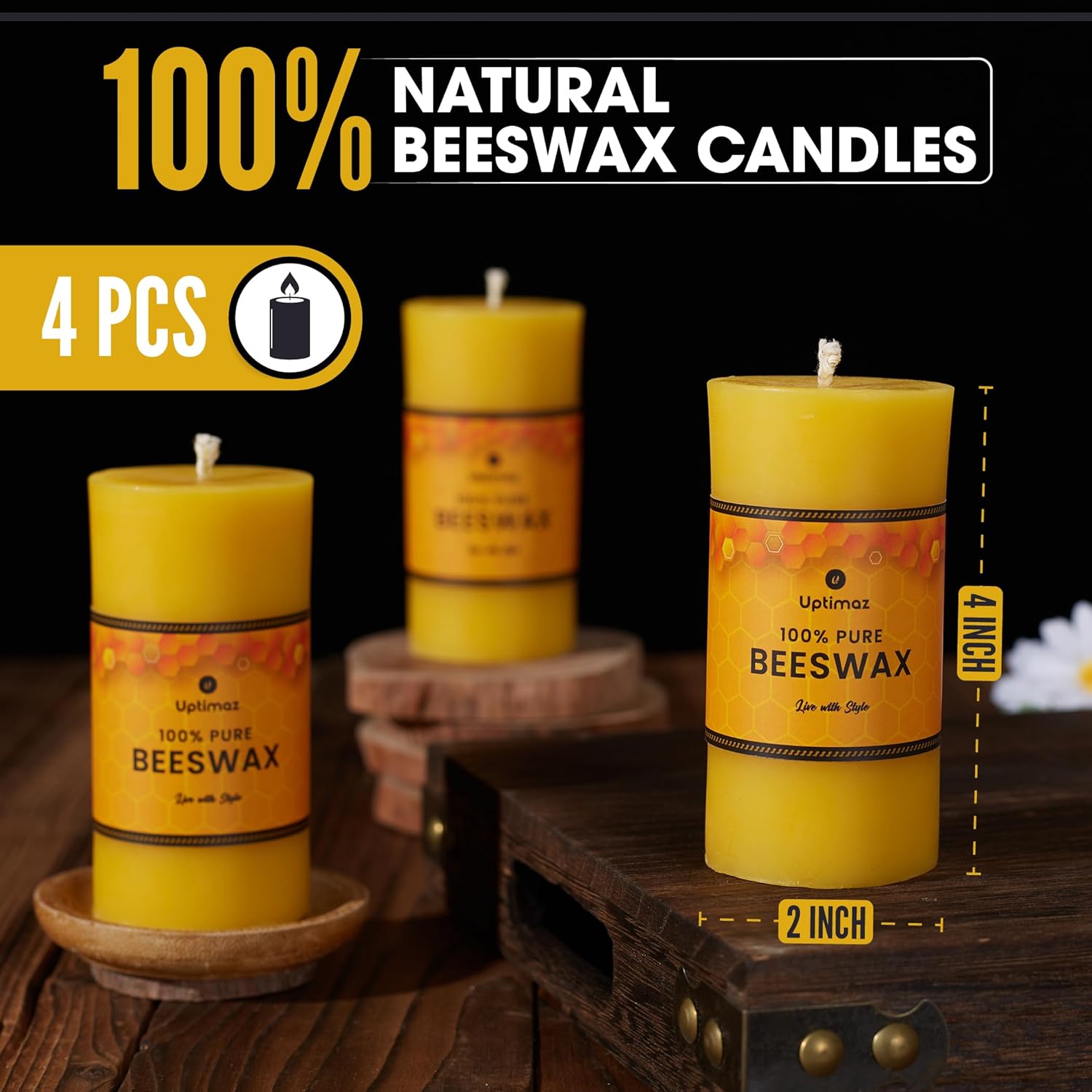 Beeswax Pillar Candles Set of 4, 2x4 Inch, 100% Beeswax Candle with Cotton Wick, Long Burning, Dripless Candle Bees Wax for Home, Décor, Prayer, Emergency - Image 2