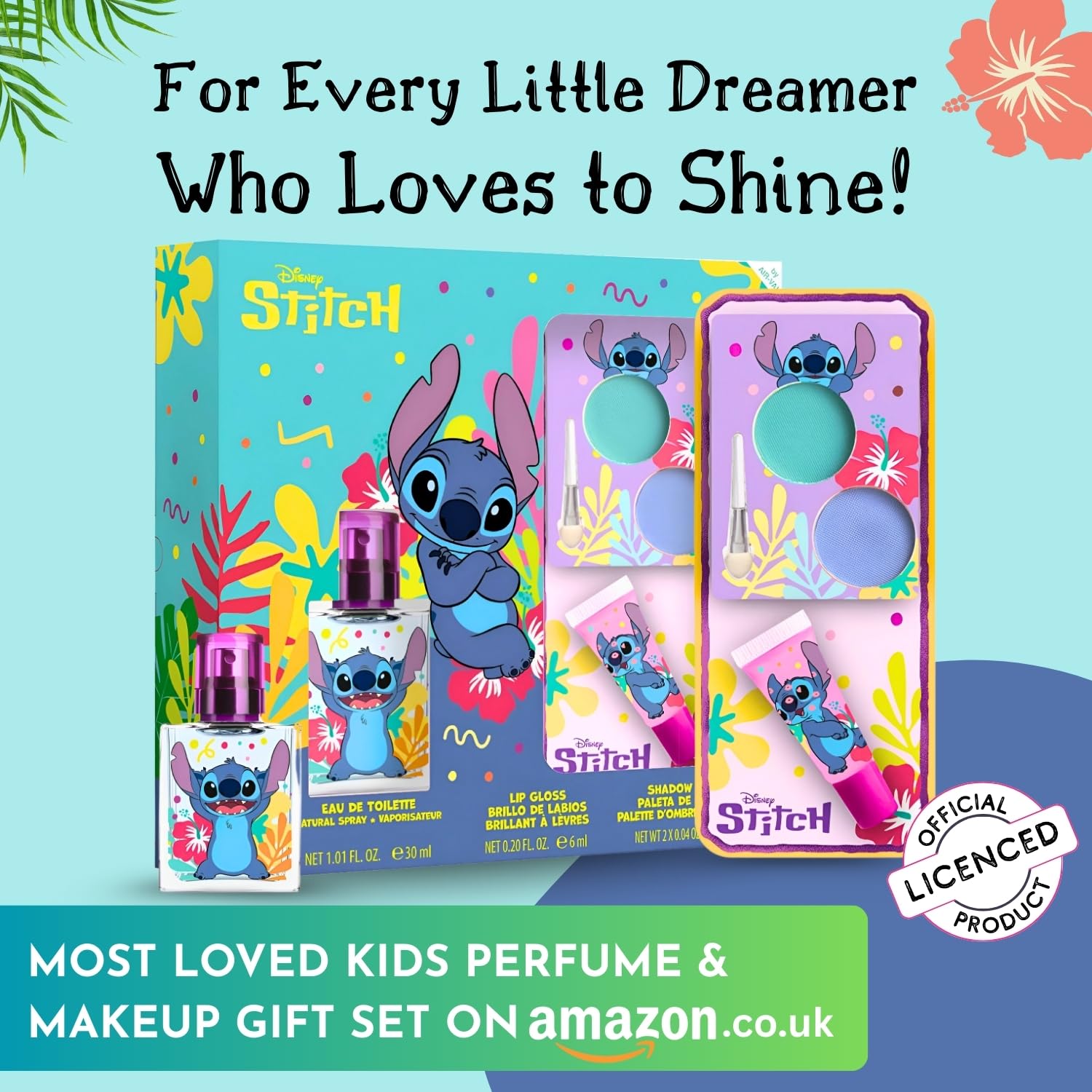 Disney Stitch, set regalo di profumo e trucco naturale per bambini – Eau de Toilette spray 30 ml, lucidalabbra e palette di ombretti con pennello | Regalo di bellezza sicuro, vegano e