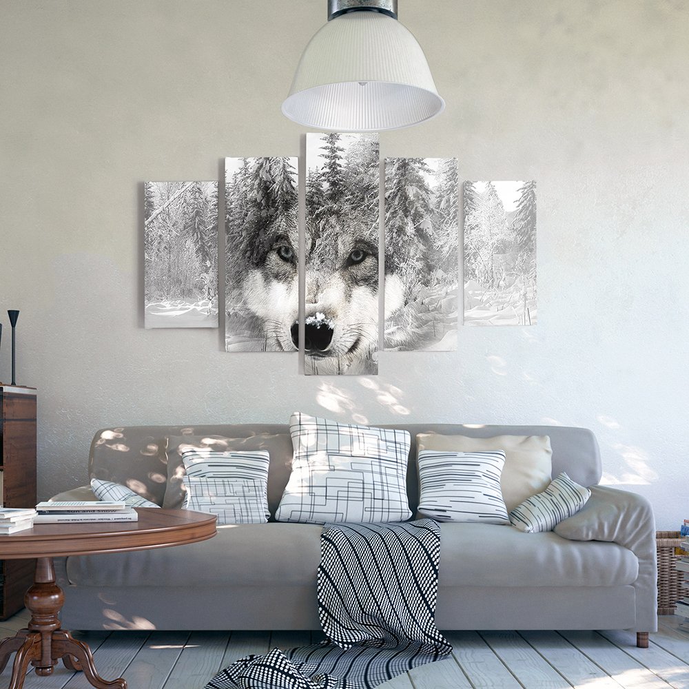Feeby Leinwandbild Bilder Wand Bild - 5 Teile - Wandbilder Kunstdruck (Wolf, Wald, Schnee) 100x200 cm, Typ A