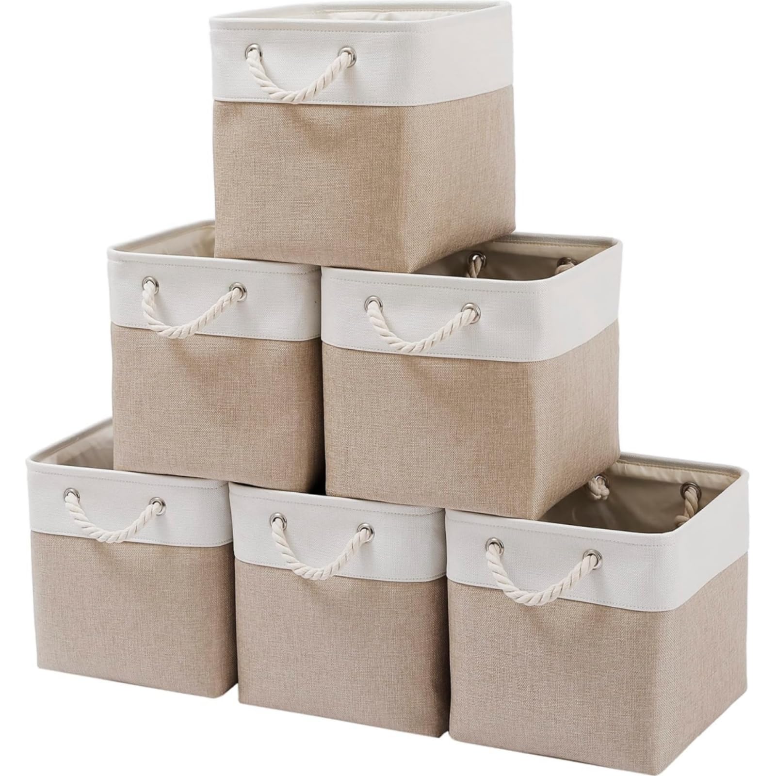 Mangata Canvas Storage Boxes, 30cm Cube Storage Bins Set of 6, Fabric Baskets with Cotton Rope Handle for Organizing Clothes Nursery Home (Khaki/White)