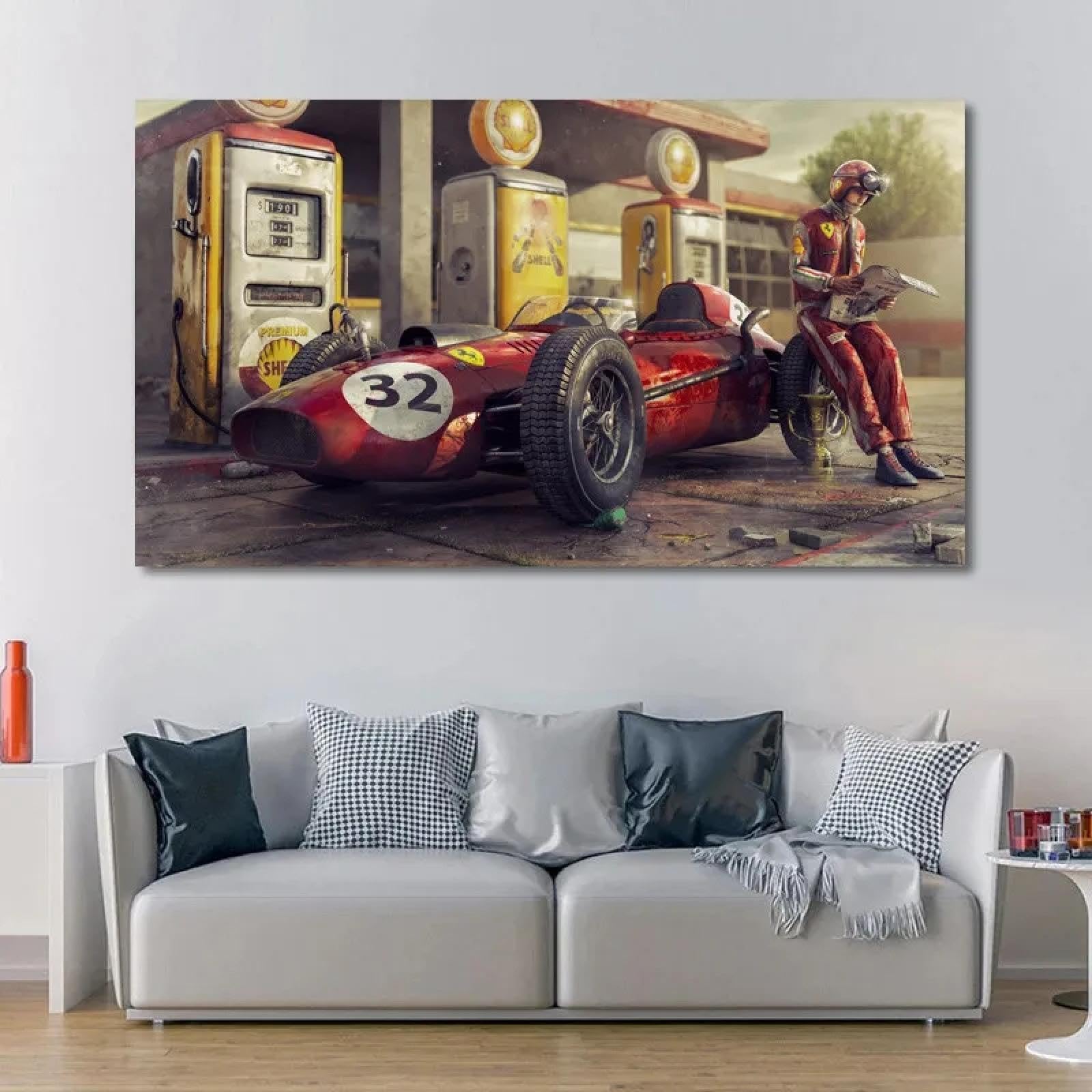 JACBON Stampa artistica da parete, poster di auto d'epoca, Ferrari, auto da corsa classica di F1, opera d'arte, dipinto su tela, pronto per essere appeso, 70x140 cm (28x55 pollici) Cornice interna