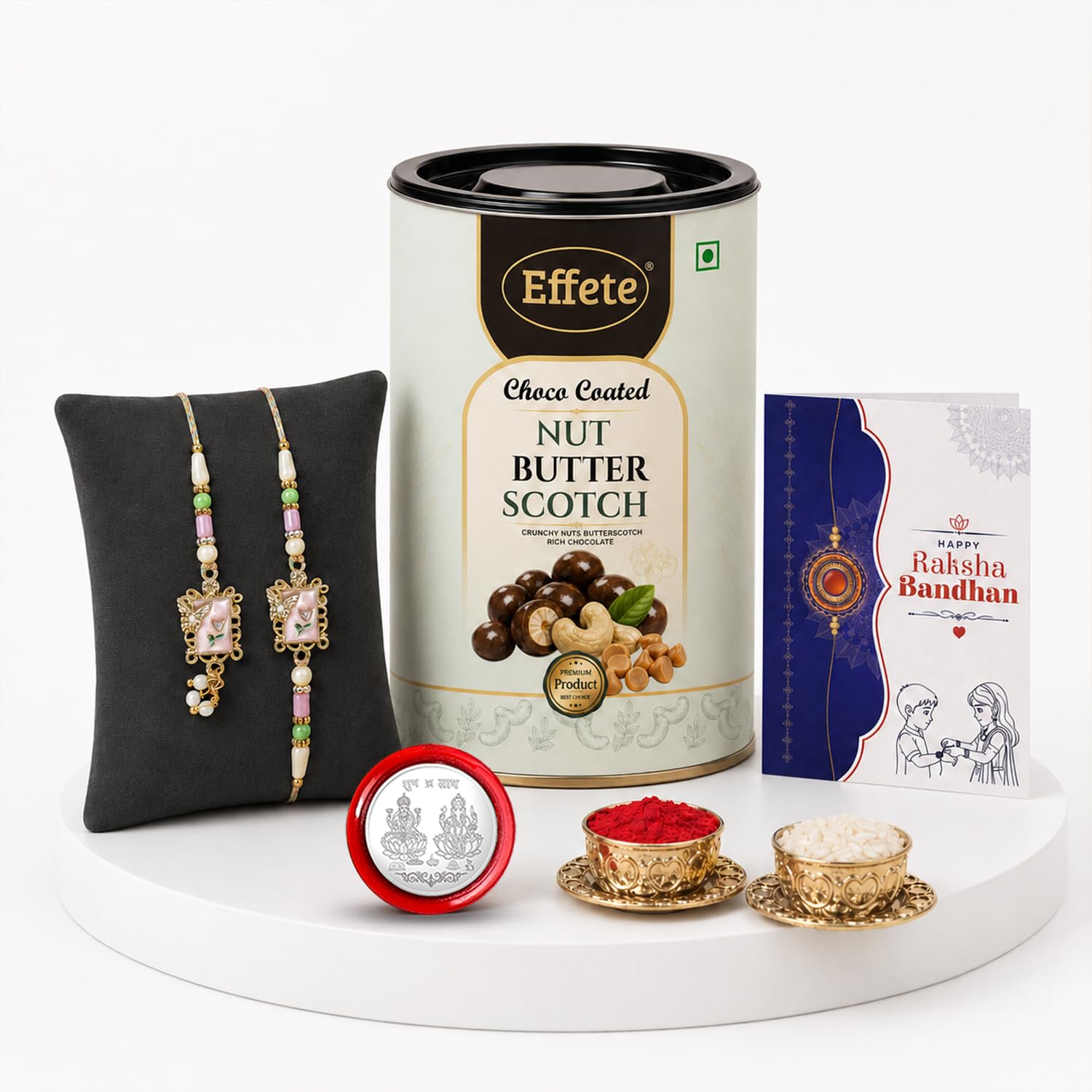 Vacalvers Chocolate with Rakhi Set for Brother - Floral Design Silver Color Rakhi Set of 2 with Nut Butter Scotch (96 GM), Silver Color Coin & Greeting Card, Raksha Bandhan Celebration Combo for Bhai-image-15
