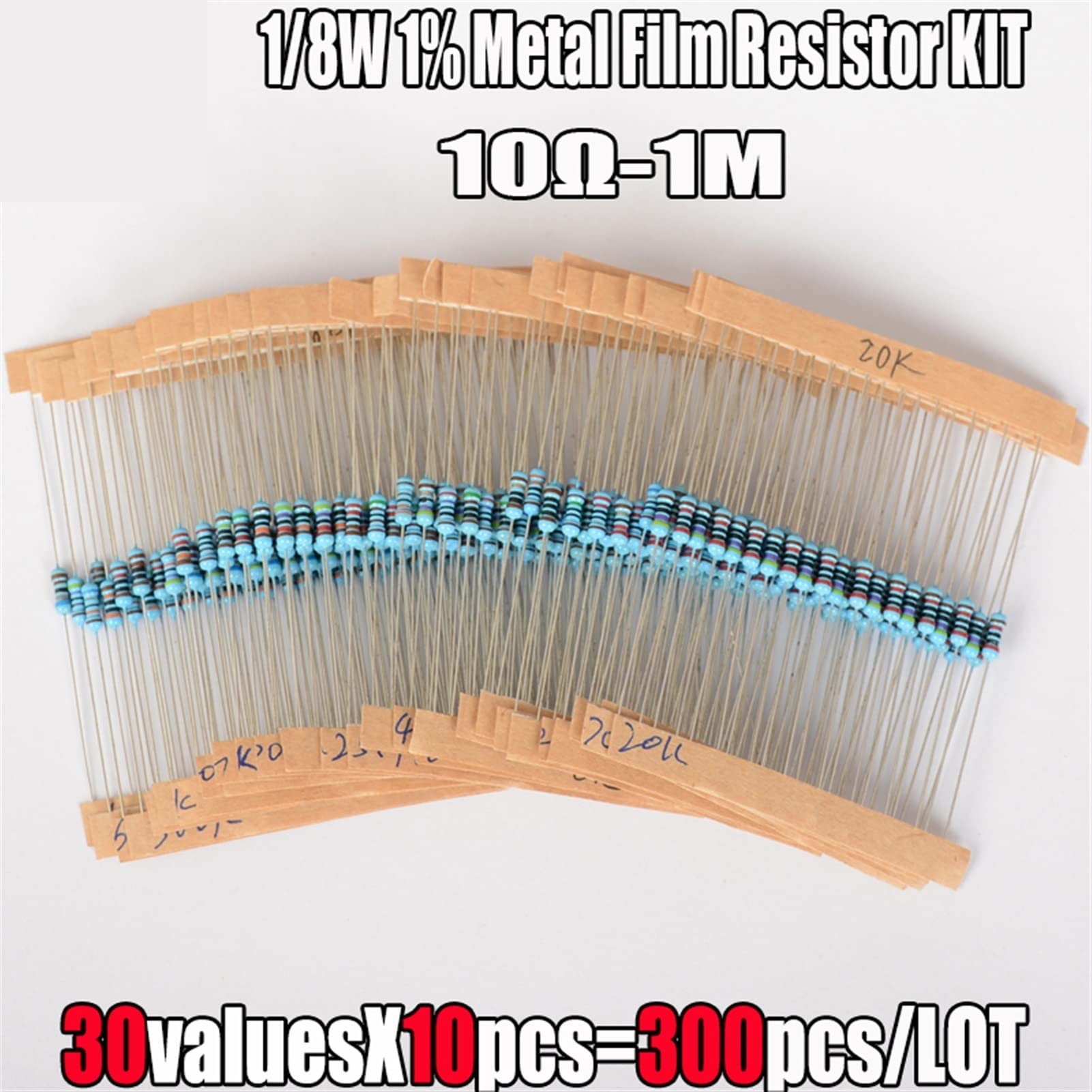 300PCS 1% 10 Ohm - 1M Ohm 0.125W Kit de Resistencia de película metálica, Resistencia de Anillo de Color 30 valores (Size : 1-6W 600PCS)