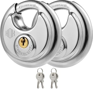 HOX Keyed Disc Padlock, Stainless Steel Keyed-Alike Padlocks, 2-Pack Heavy Duty Locks, Waterproof Outdoors Lock with 3/8 Inch Shackle, 2-3/4 Inch Wide Body, for Hasp Latch, Fences, Storage Locker