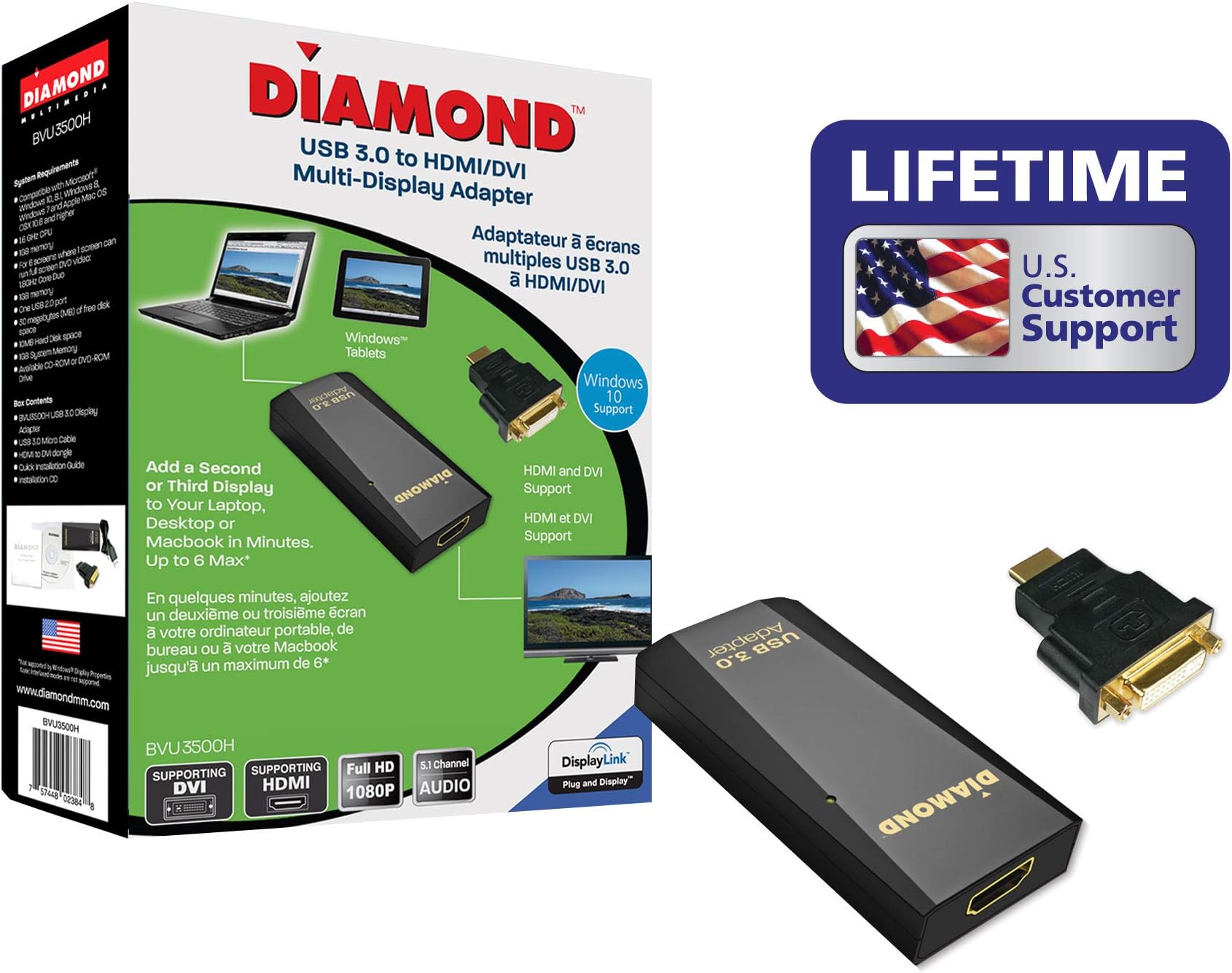 Diamond Multimedia USB 3.0 to DVI / HDMI Video Graphics Adapter up to 2560x1440 / 1920x1080 - Windows 10, 8.1, 8, 7, XP, MAC OS and Android 5.0 and higher