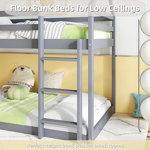 Miniatura 114 de Litera baja individual sobre individual, base de cama de madera maciza con escalera y barandillas de seguridad, literas individuales para niños y