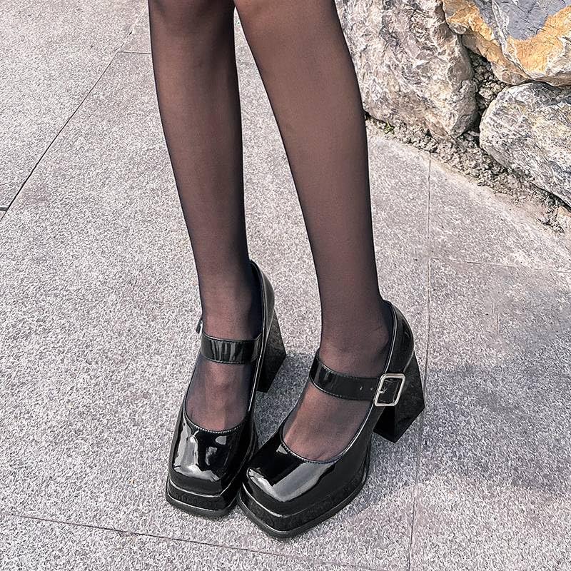 Women Office Lady Platform Mary Jane Pumps Square Toe Flare Heels with Belt Buckles2