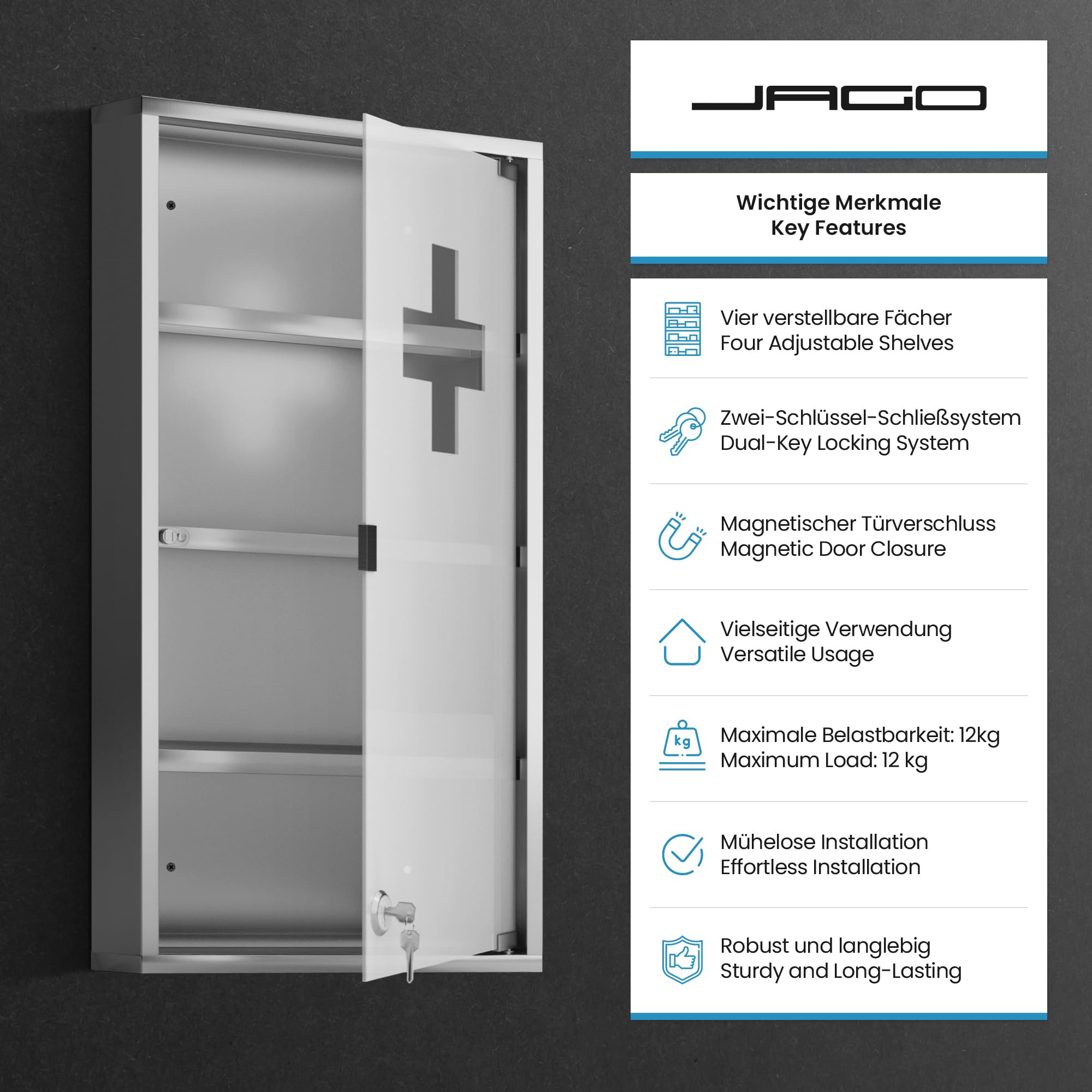 Jago® Armadietto per Medicinali - 4 Ripiani, Porta di Vetro, con 2 Chiavi, 30x12x60cm, Acciaio, da Bagno - Pensile Farmaci, Cassetta Porta Medicine, Armadio Pronto Soccorso